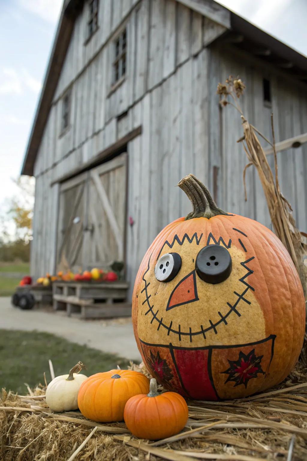 Button eyes provide a rustic charm to this scarecrow pumpkin.