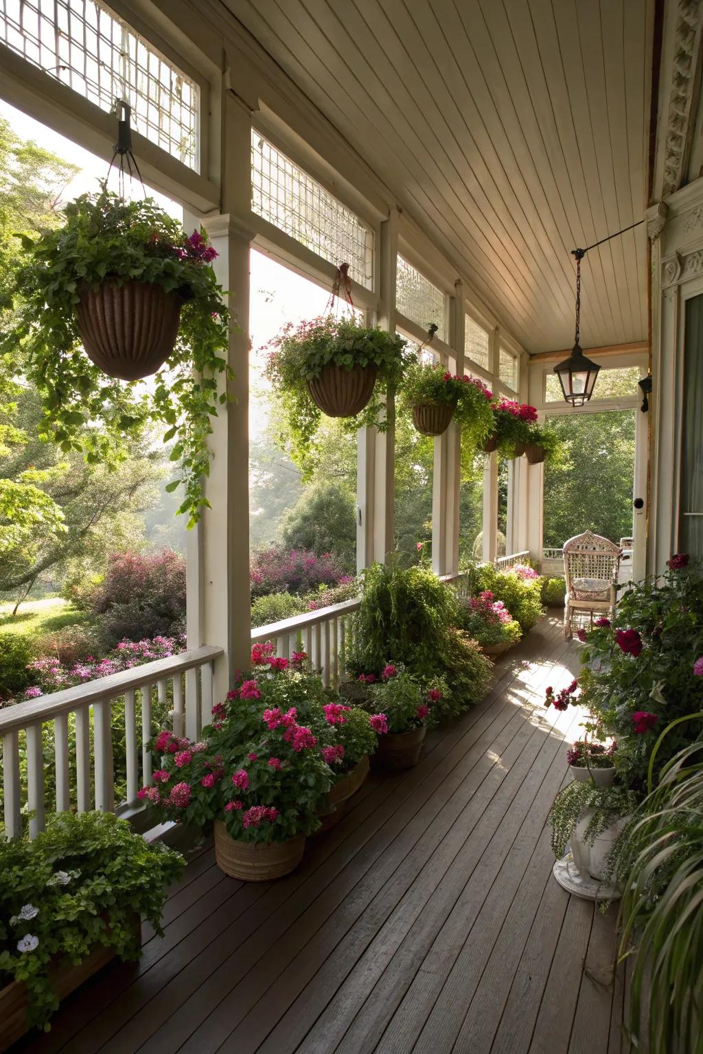 A blossom-laden veranda infuses the grace of nature into your dwelling’s entrance.
