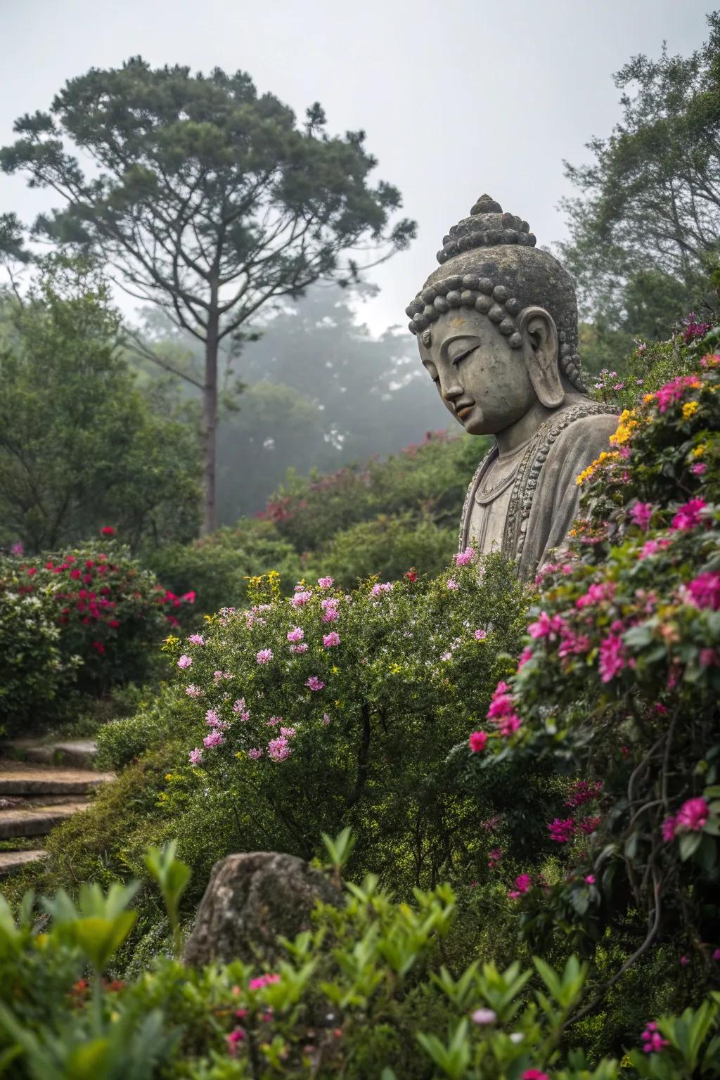 Add intrigue with arcane garden carvings.