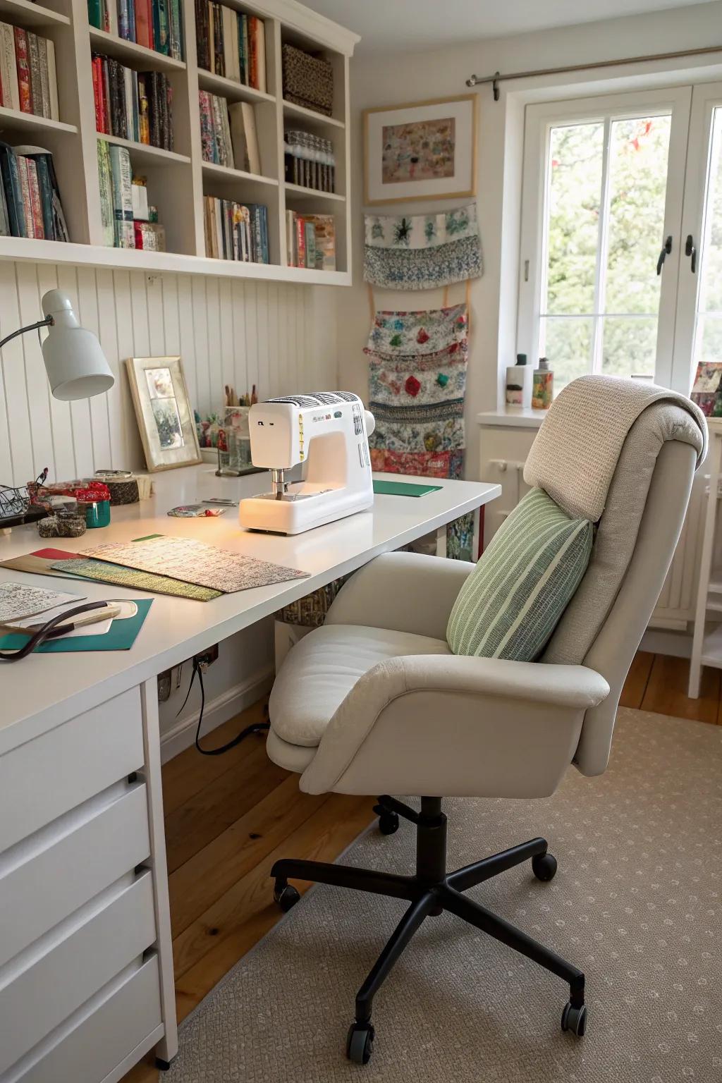 A supportive chair allows for prolonged creative engagement.