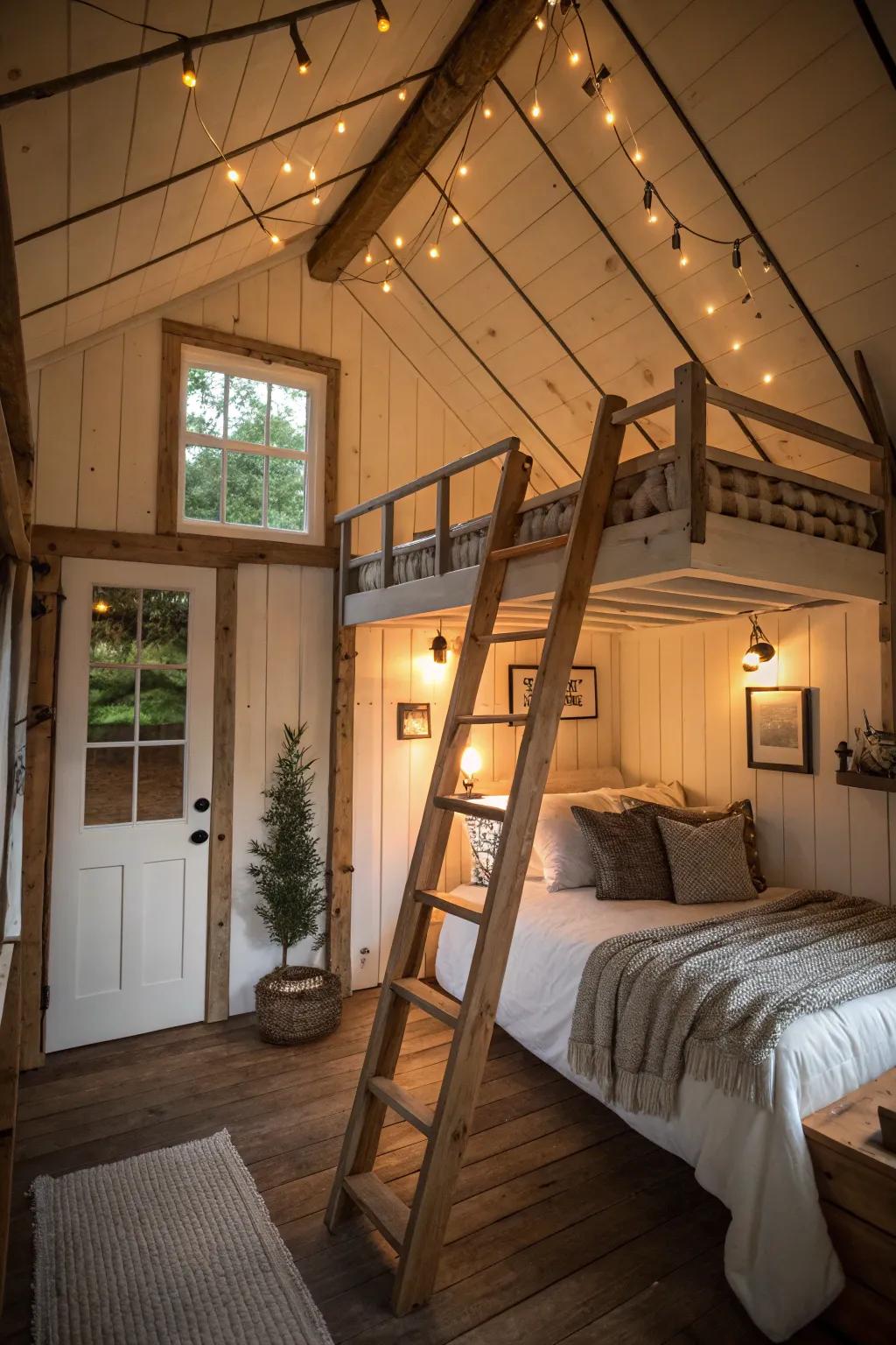 A loft bedroom maximizes vertical space in a shed house.