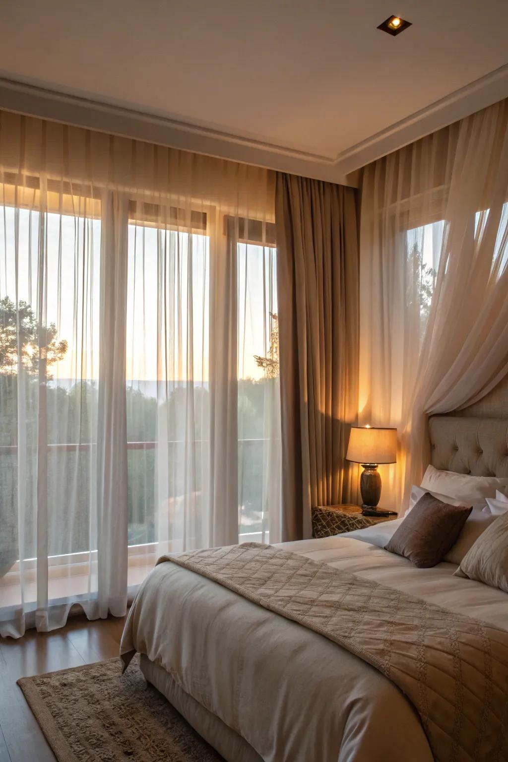 Layering wispy curtains with window coverings delivers suppleness in light and privacy handling.