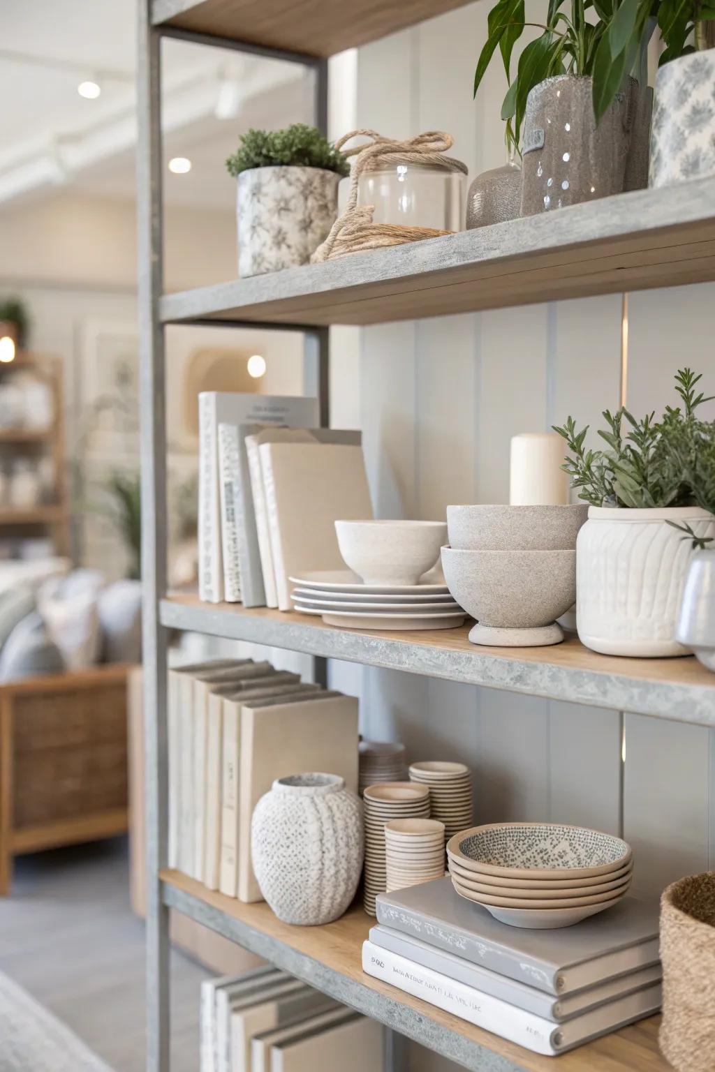 Subdued tones create a unified and classic shelf decor.