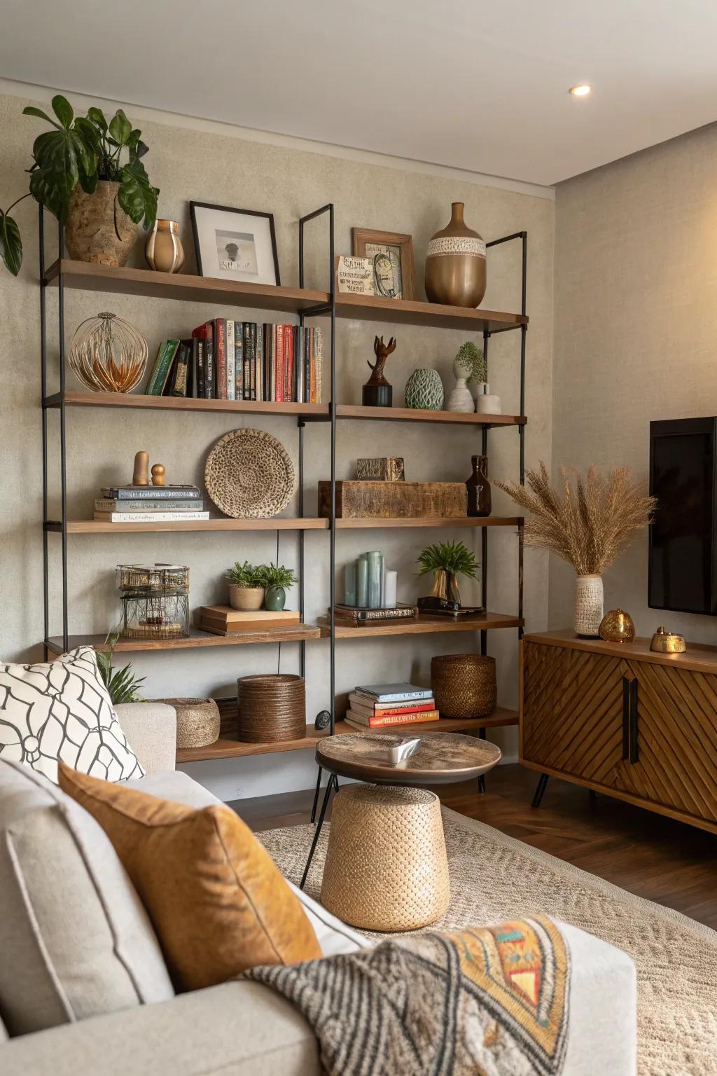 Sitting room shelves showcasing vibrant placements of varied heights.