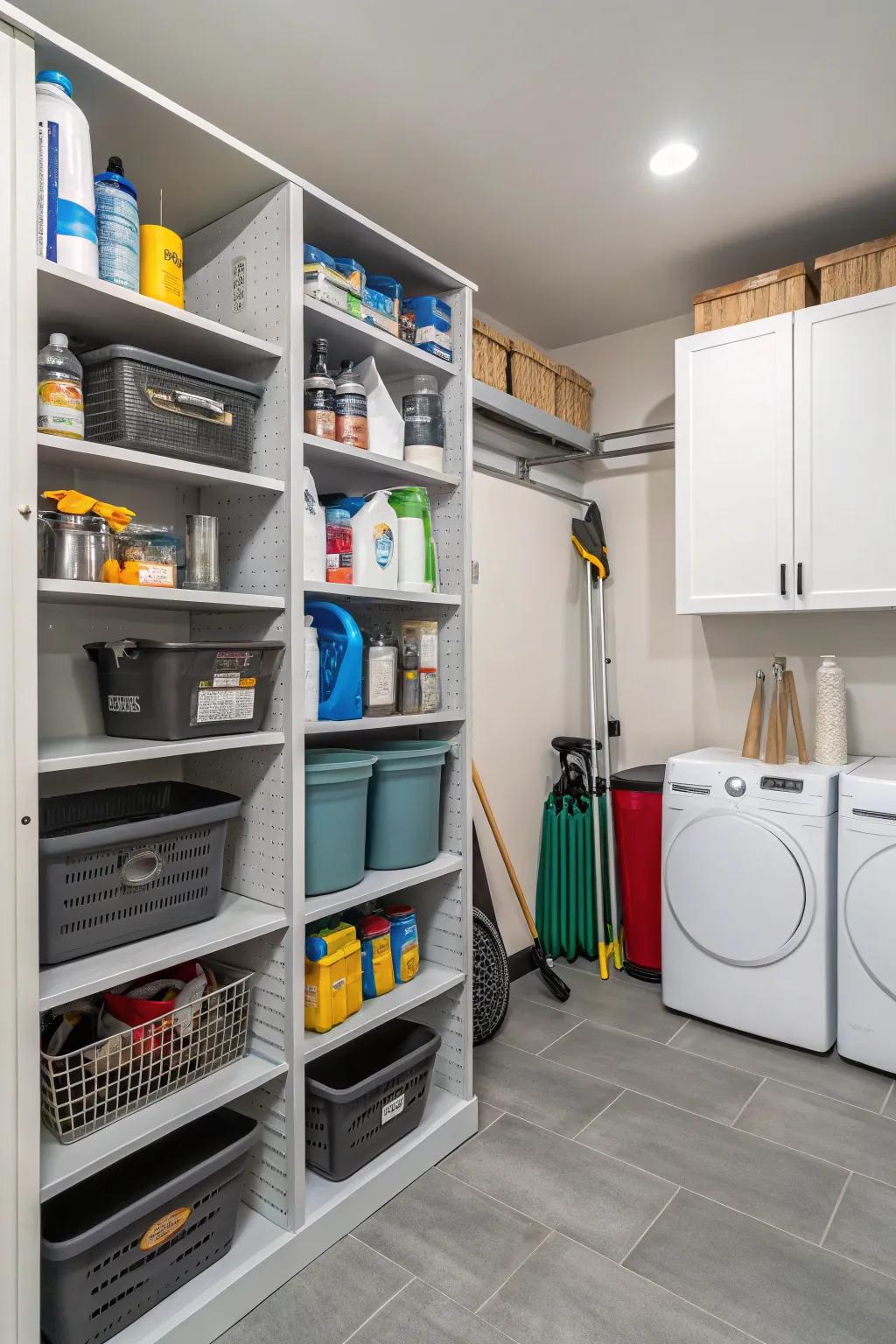 Adjustable shelves in a utility area provide adaptable storage options for a variety of requirements.