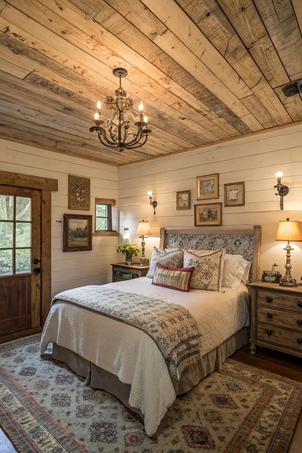 A countryside and sustainable reclaimed wood shiplap ceiling.