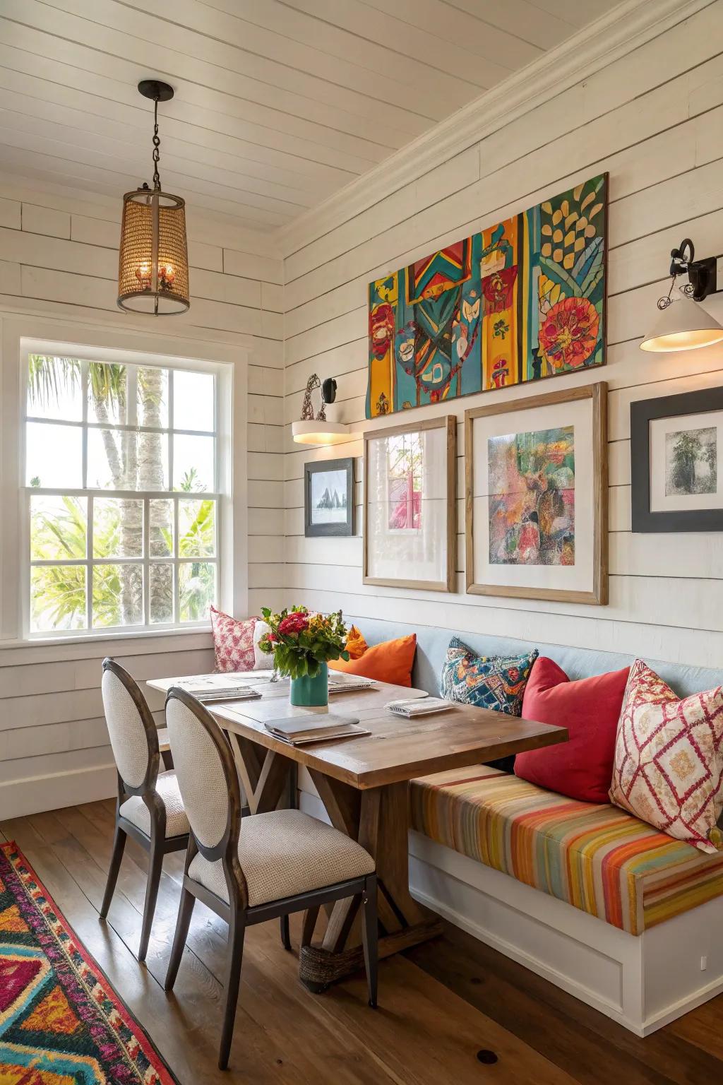 A dining room with colorful touches and wood-panel walls.