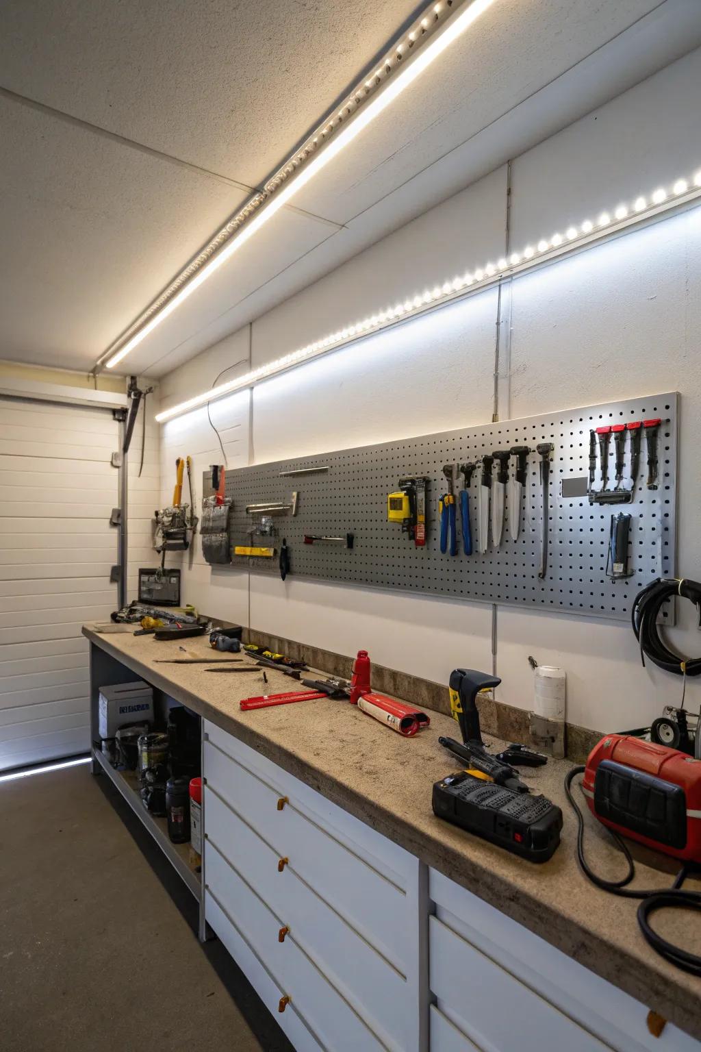 A garage wall brightly lit with LED strip lighting.