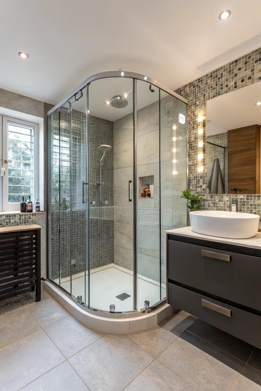 Curved glass adds a high-end feel and fluidity to this bathroom.