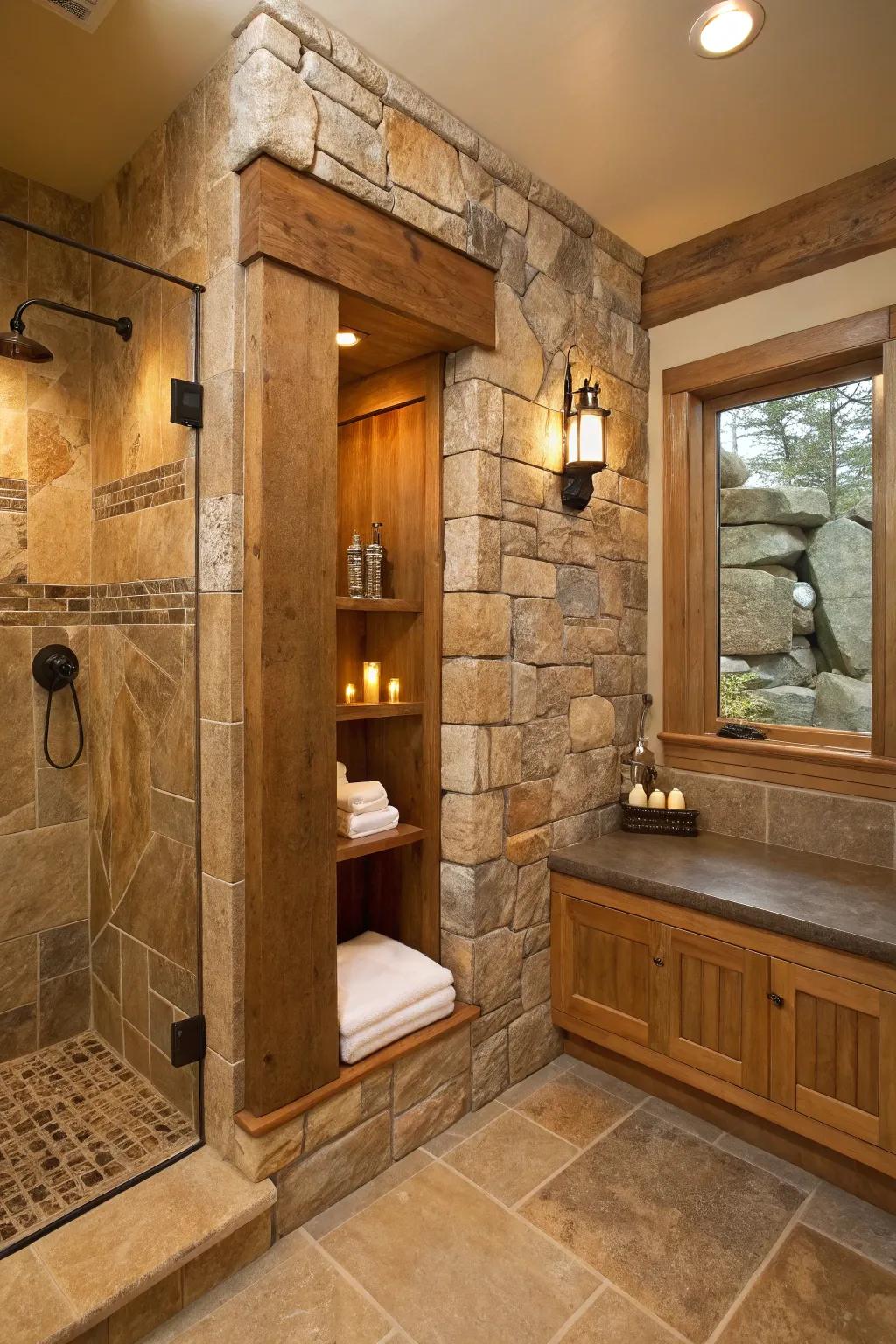 Natural complements create contrast and warmth within a shower recess