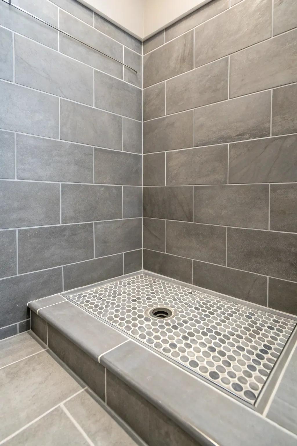 Large gray units on a shower pan provide a smooth and modern appearance.