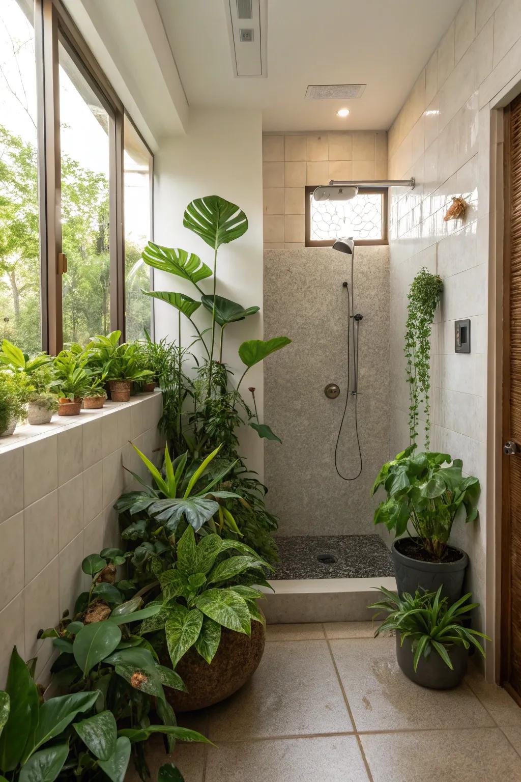 A blend of plant sizes enriches depth and diversity to your bathing area decor.