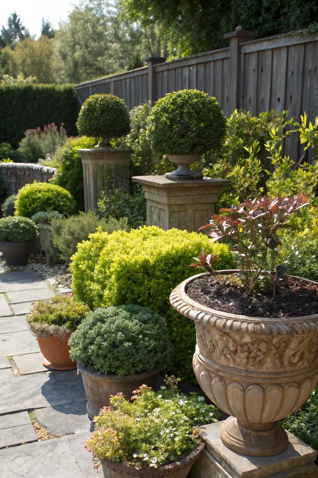 A range of creative pots and planters add depth and interest to the garden.
