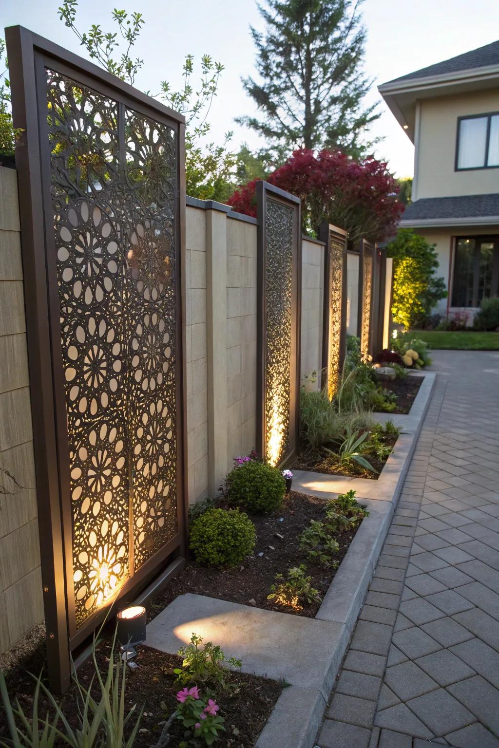 Artistic side yard featuring laser-cut panels.