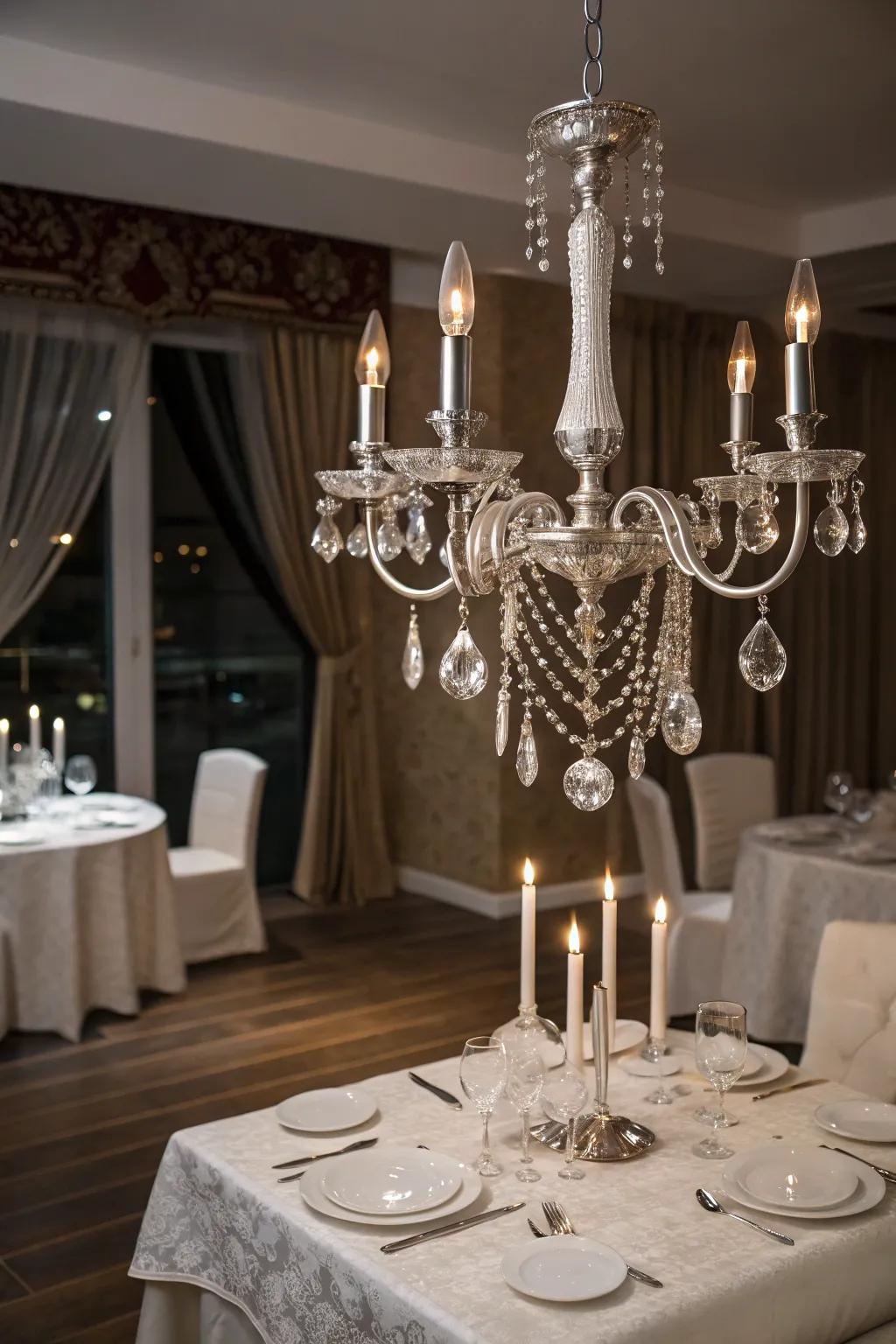 A silver candelabra introduces a dazzling touch to your decorations.