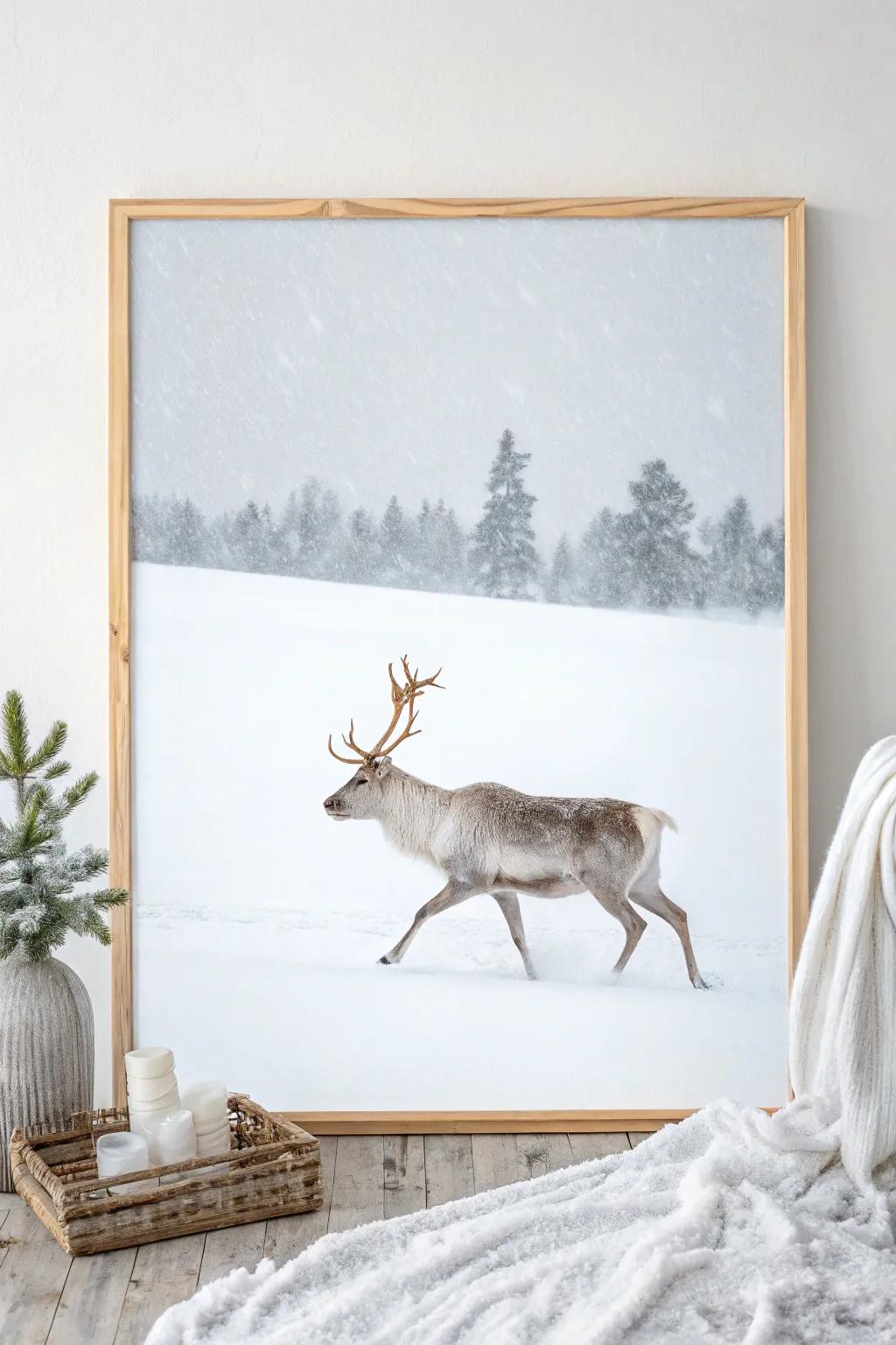 Encapsulate the enchantment of winter through this minimalist reindeer portrayal, wherein unpretentiousness converges with refinement within a snowy utopia.