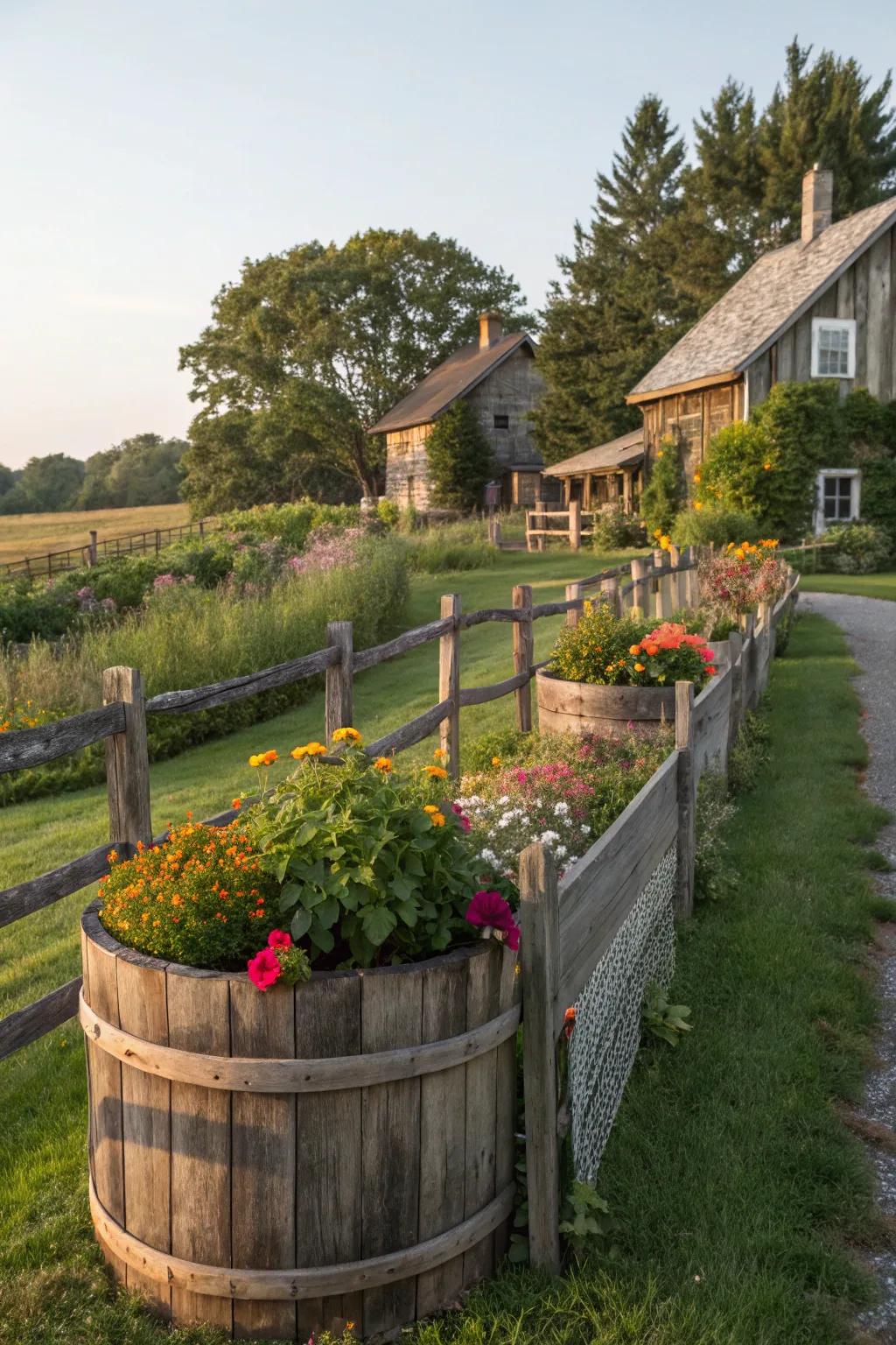 Timber accents enhancing the rustic charm of the garden.