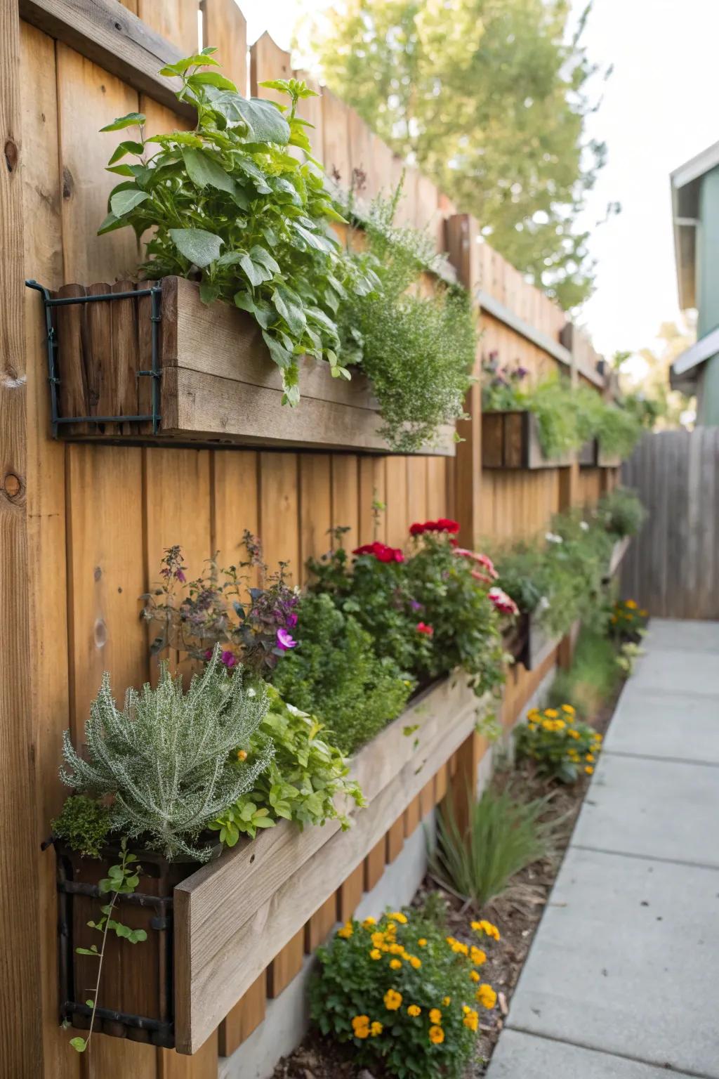 Vertical gardens creatively use fence space for added vegetation.