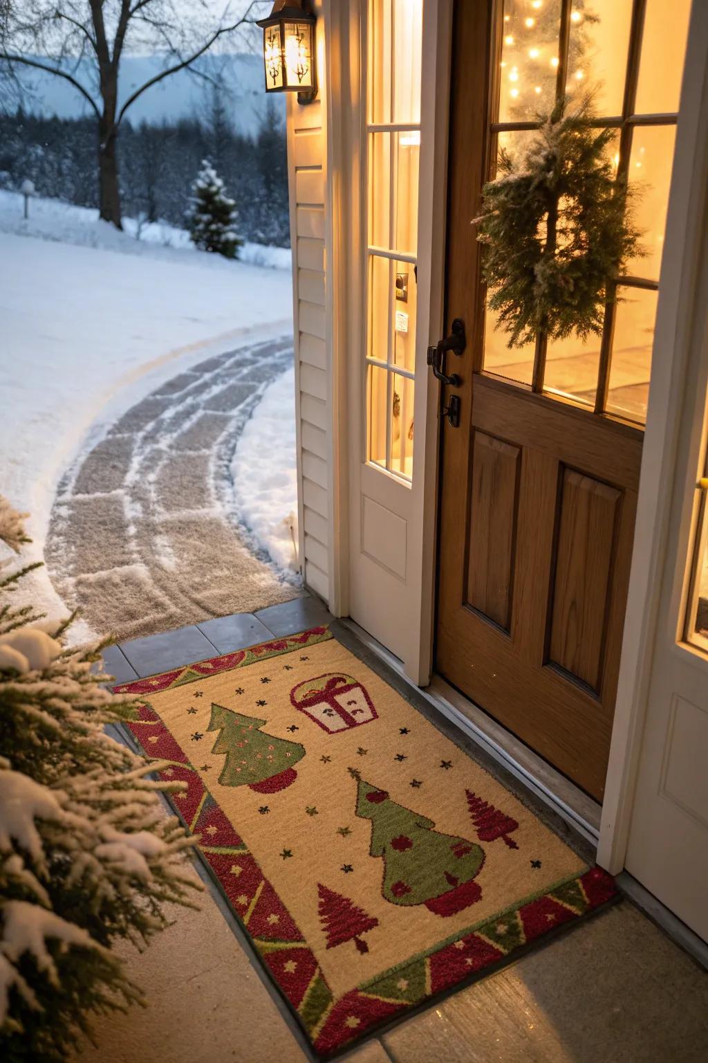 A cheerful doormat greets company with yuletide enthusiasm.
