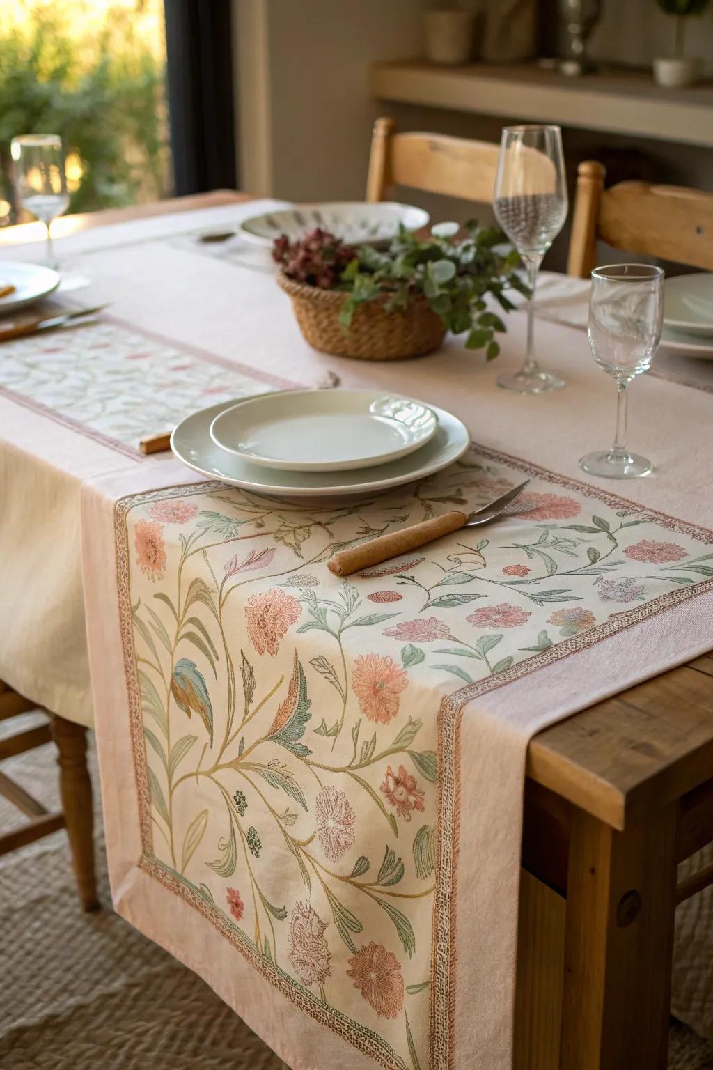 A fabric table path subtly enhances the table's aesthetic, tying all elements together.