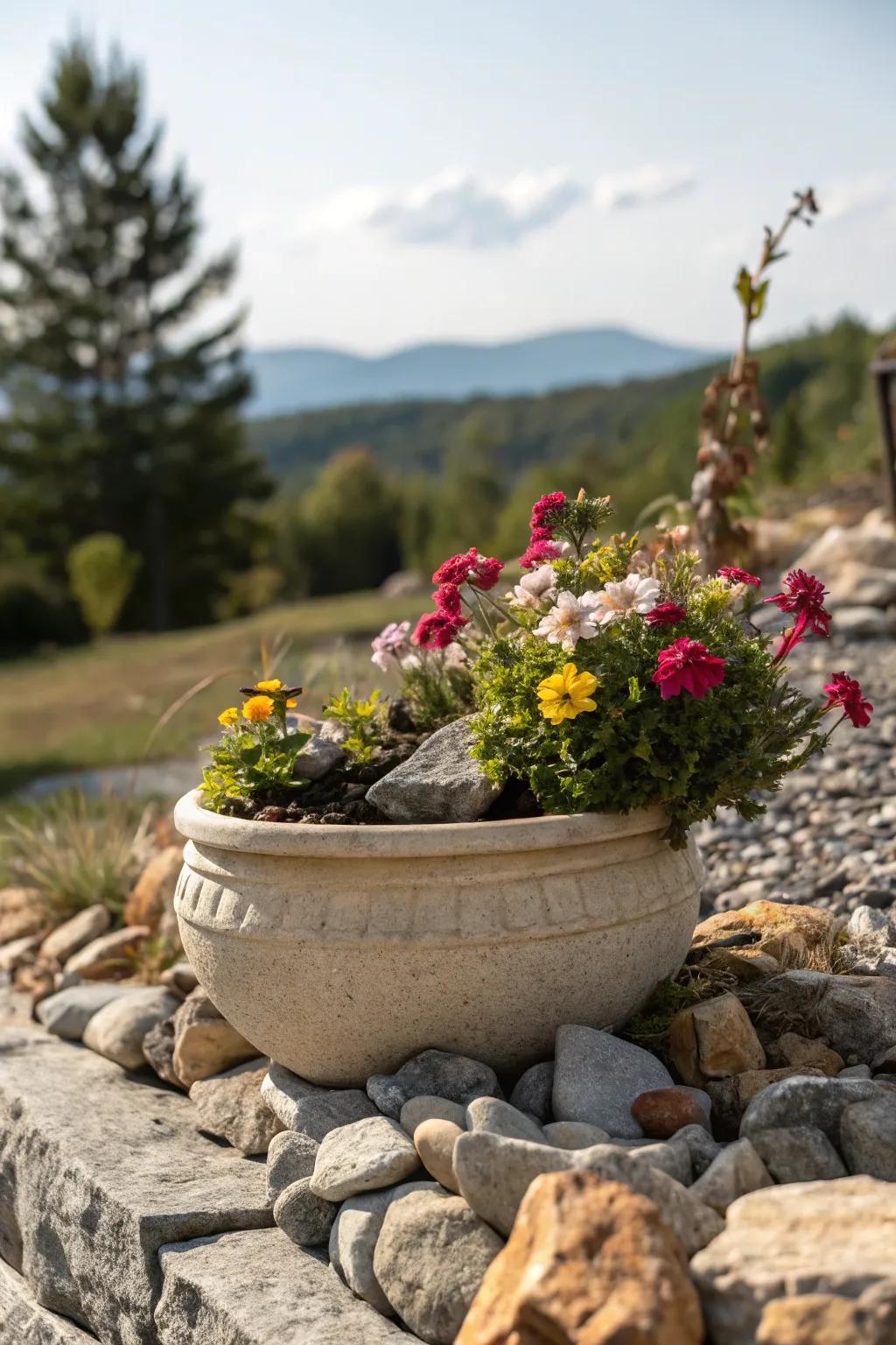 Stone containers give charm and individuality to garden exhibits.