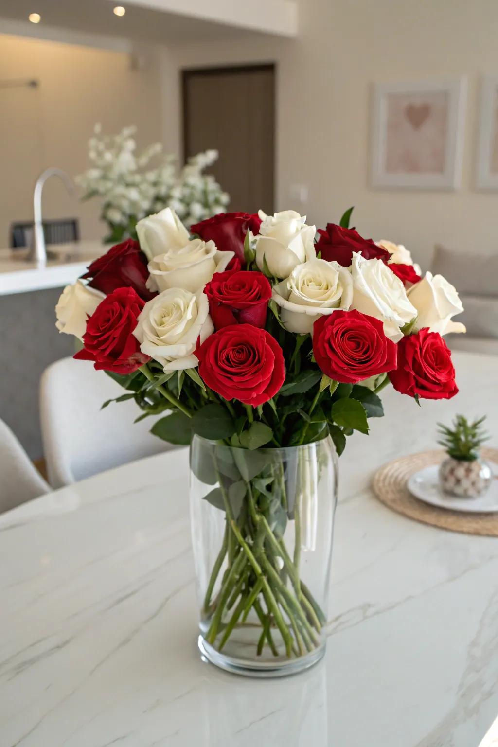A captivating duo-tone arrangement showcasing scarlet and ivory roses.