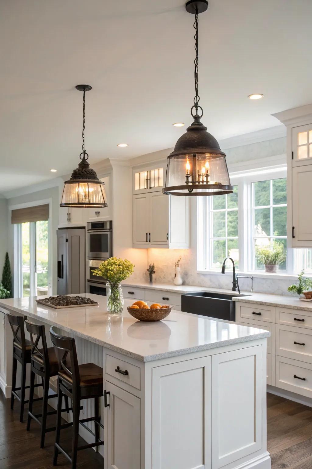 Pendant lighting that adds character to a white kitchen.