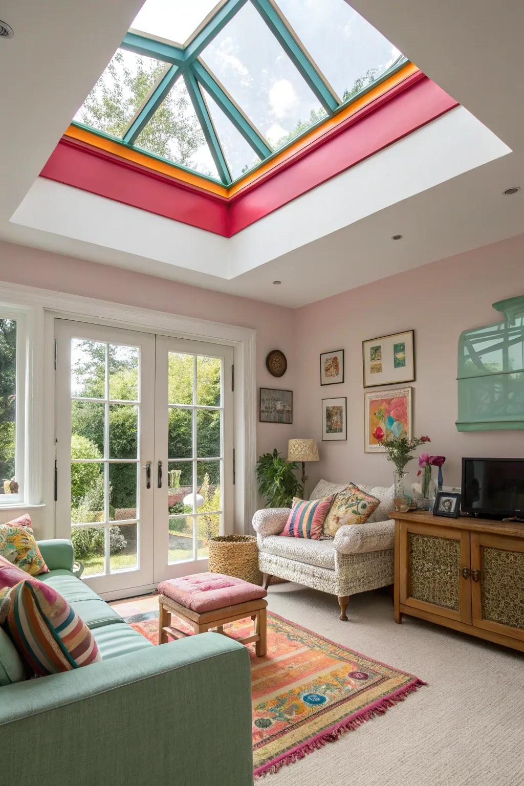 A living space with a skylight showing off a brightly colored frame.