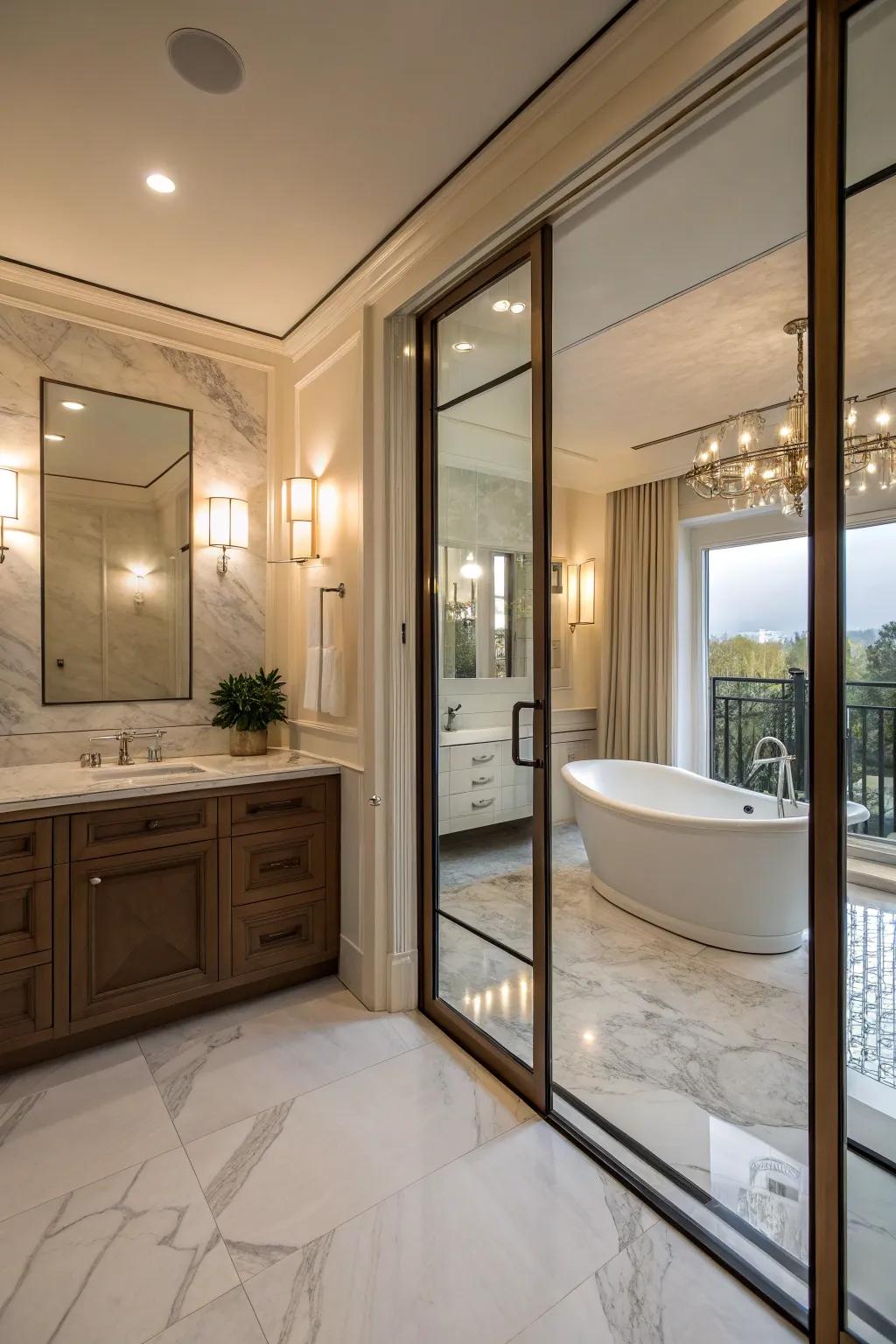 Fancy glass section moving doors add a luxurious touch to this bathroom.