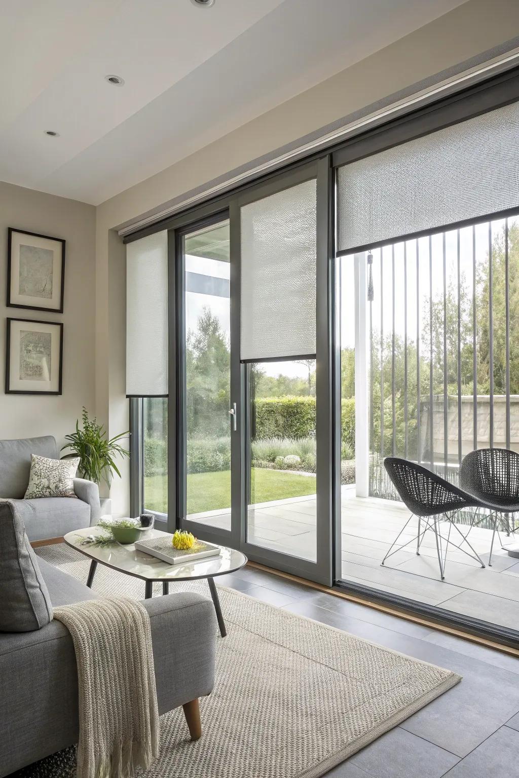 Panel track shades provide wide coverage and style.
