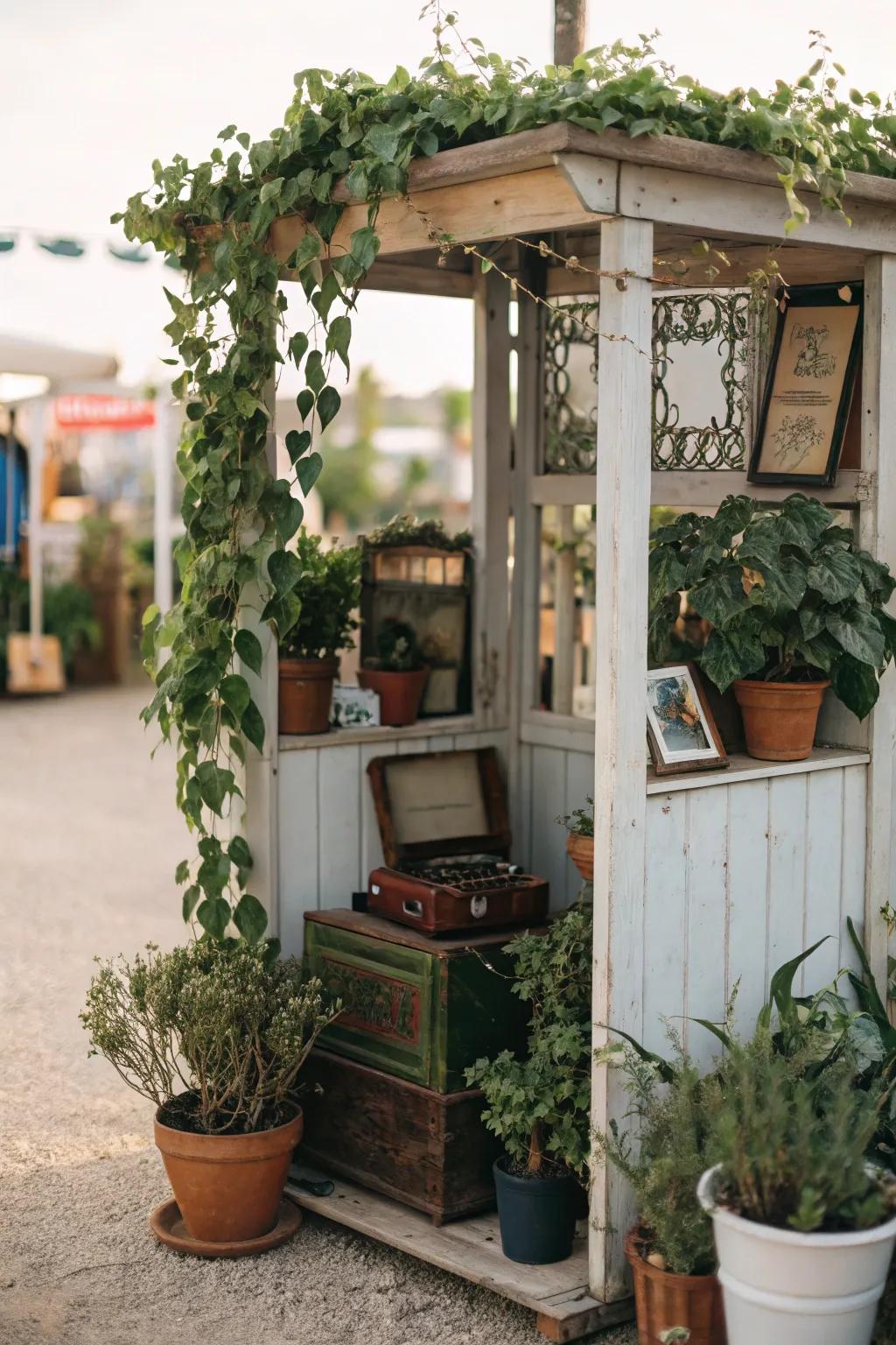 Vegetation contributing freshness to a small antique exhibit