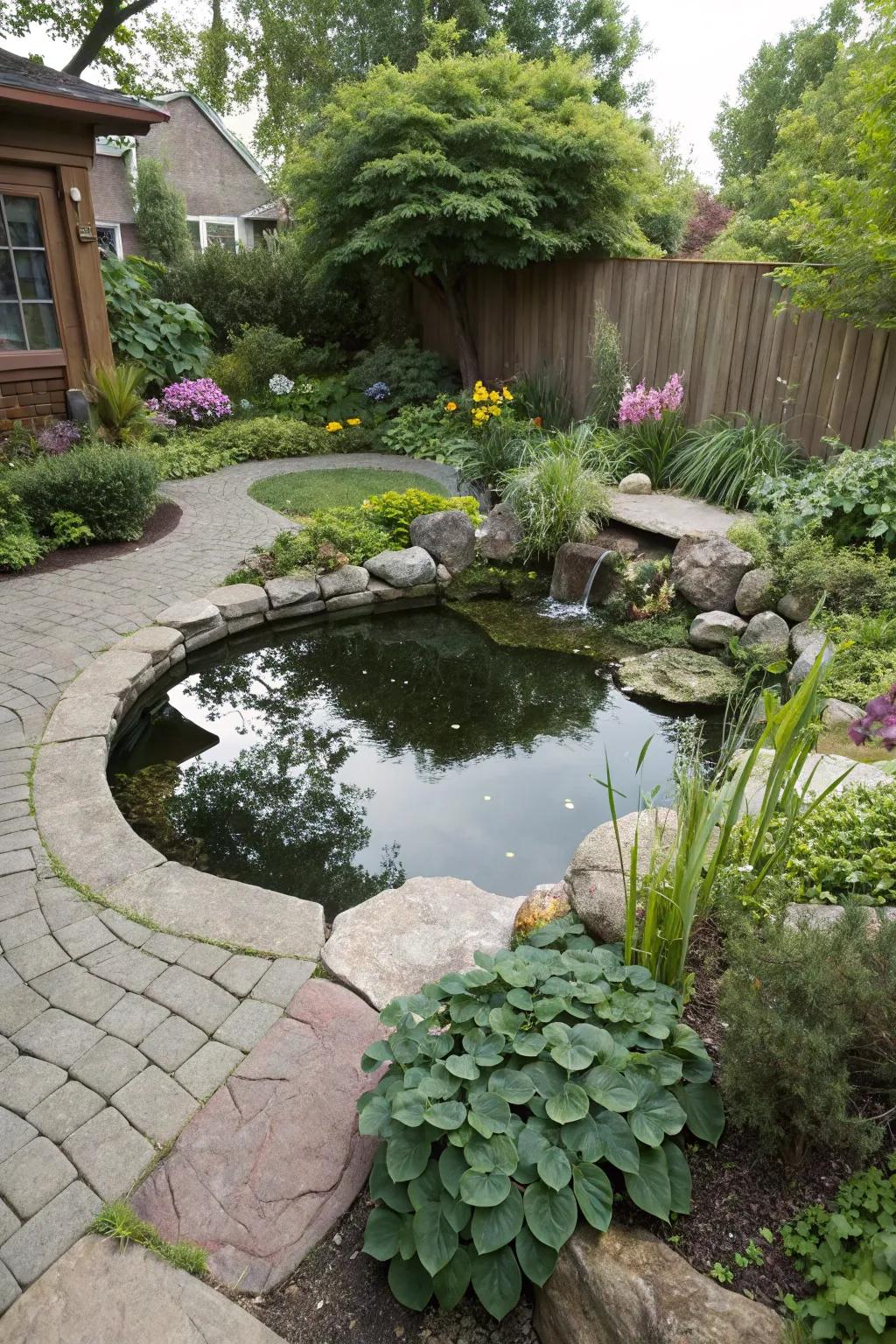 An oval pond introducing a unique component to the garden area.