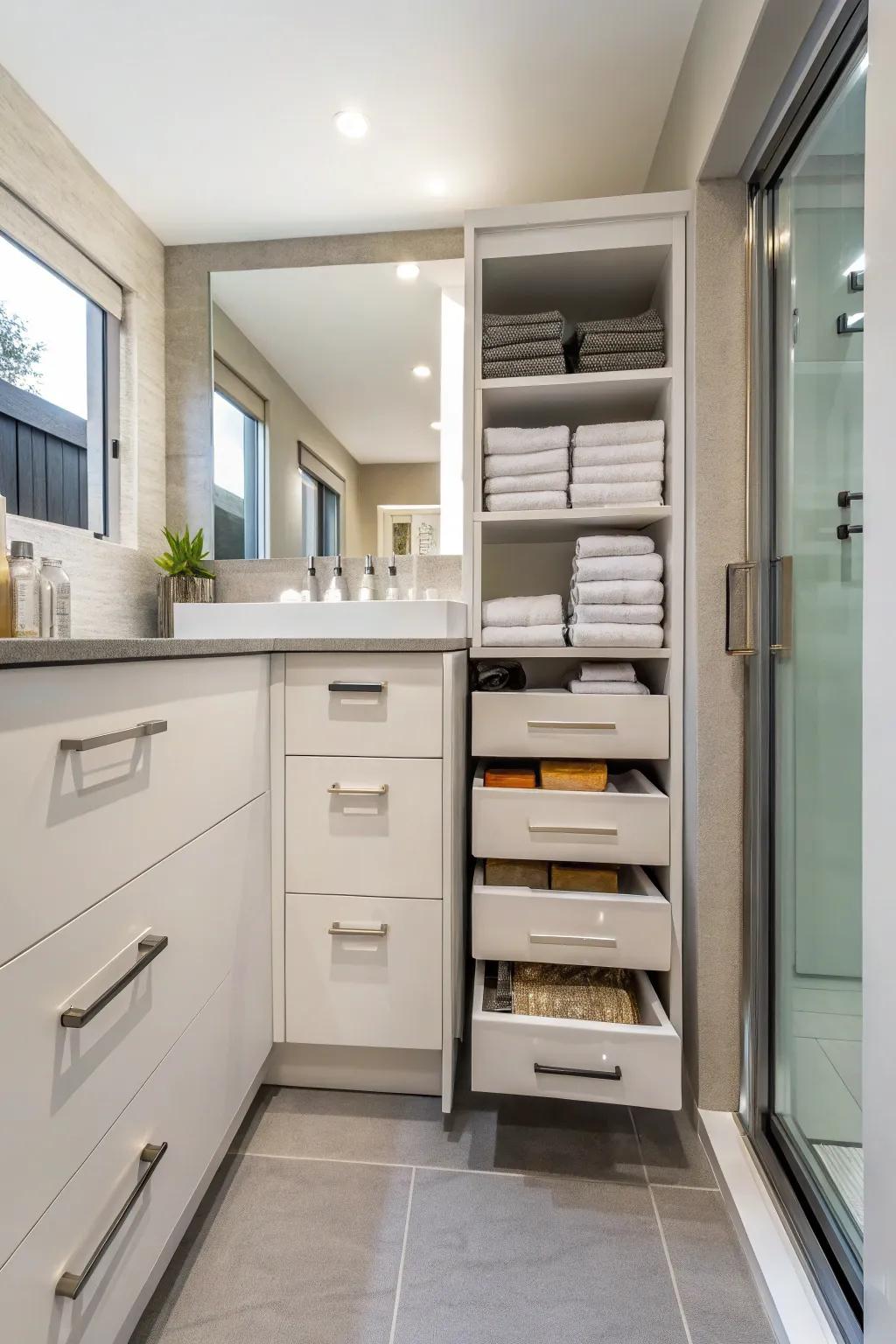 Cabinets conceal towels, creating a clutter-free bathroom.