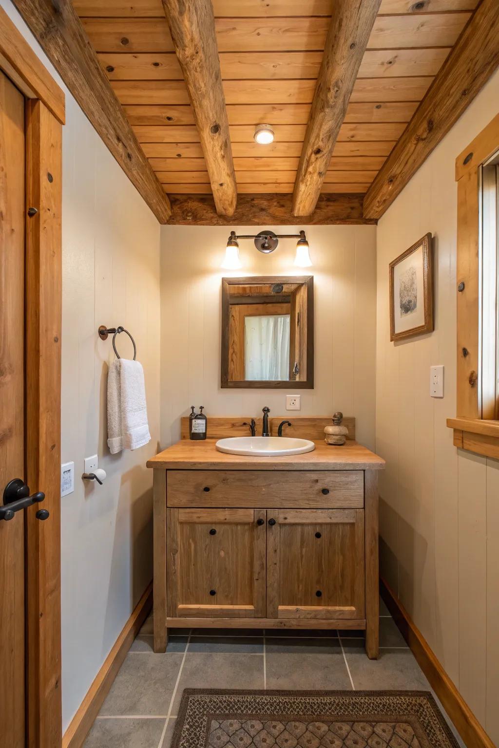 Coordinating wood elements create a unified bathroom design.