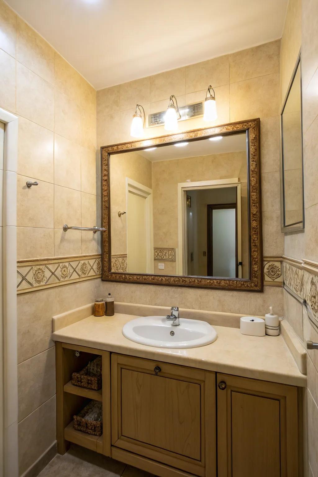 A spacious feel in a small bathroom using a large mirror.