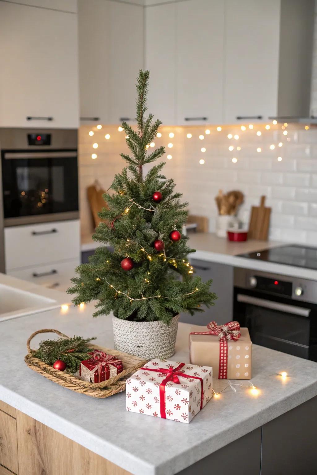 A petite festive fir brings holiday cheer to the kitchen.