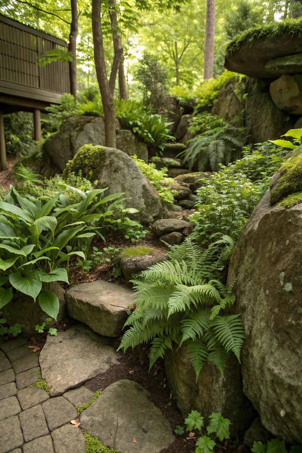 Ferns and greenery craft a lush ambiance in this corner rockery.