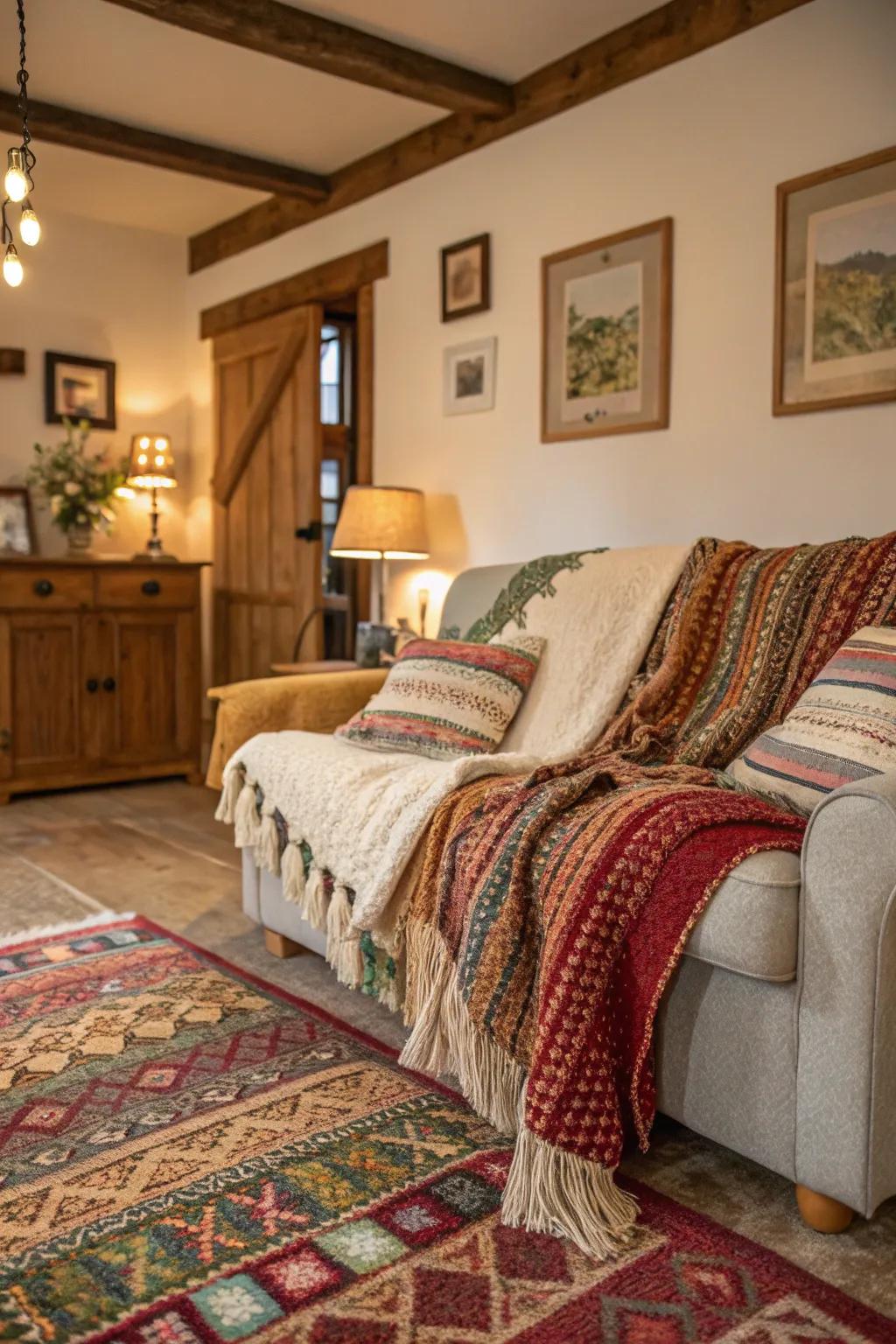 Tiered textures deliver coziness and extent to this inviting lounging space.