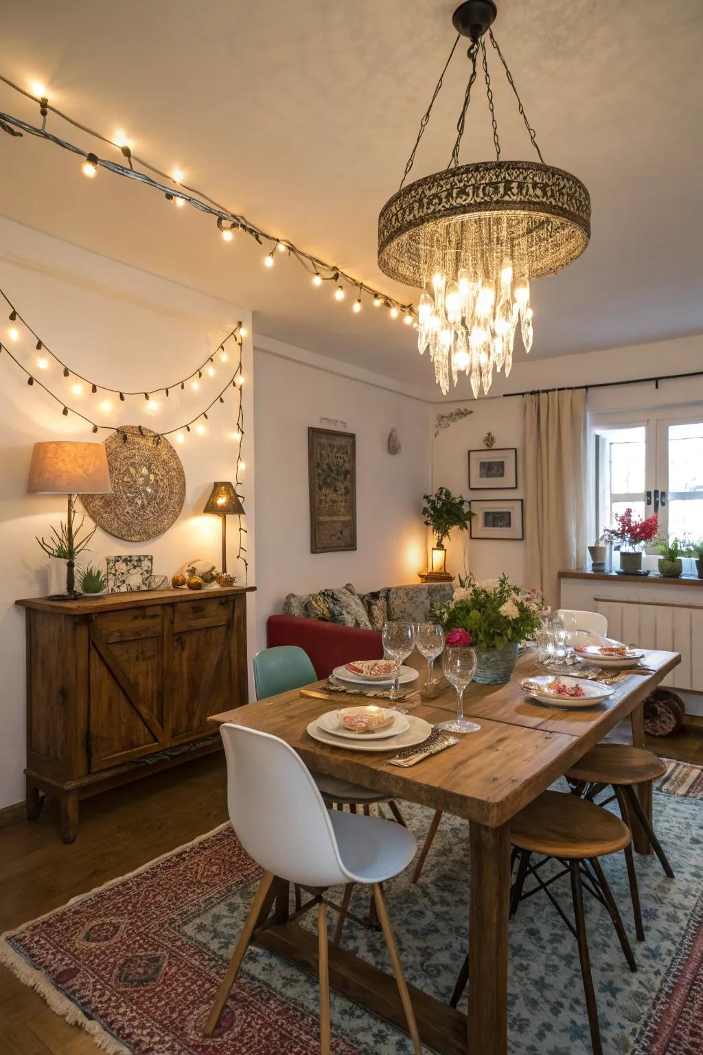 Eclectic lighting brings charm and individuality to dining areas.
