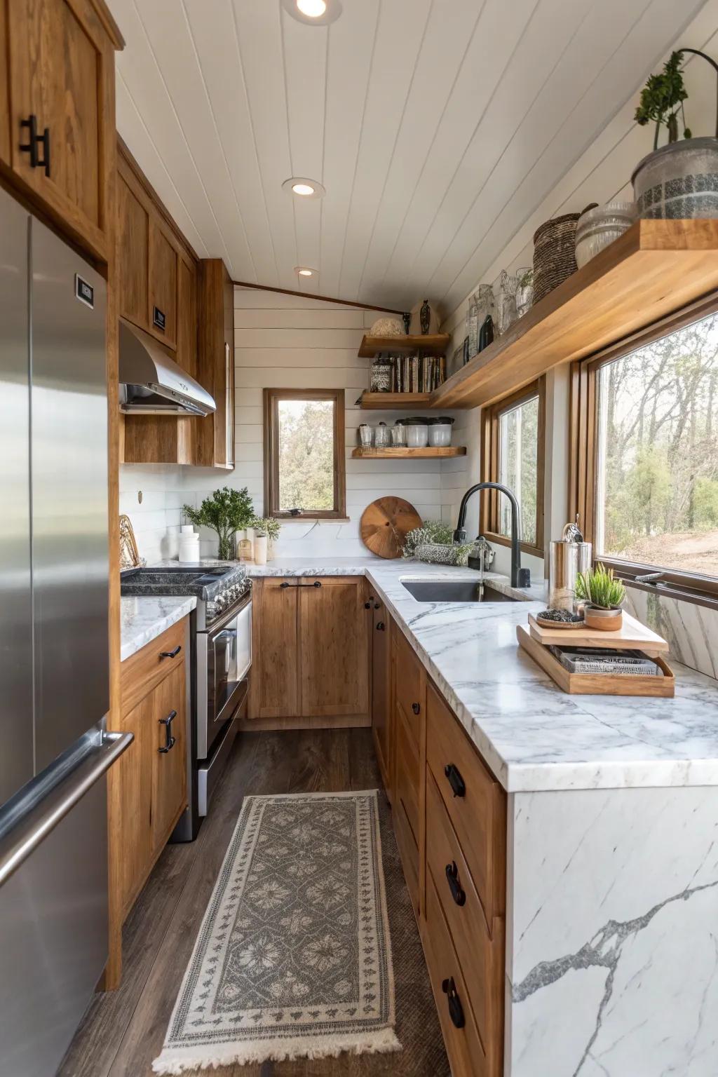 This kitchen showcases a harmonious fusion of timber, metallic elements, and marble.