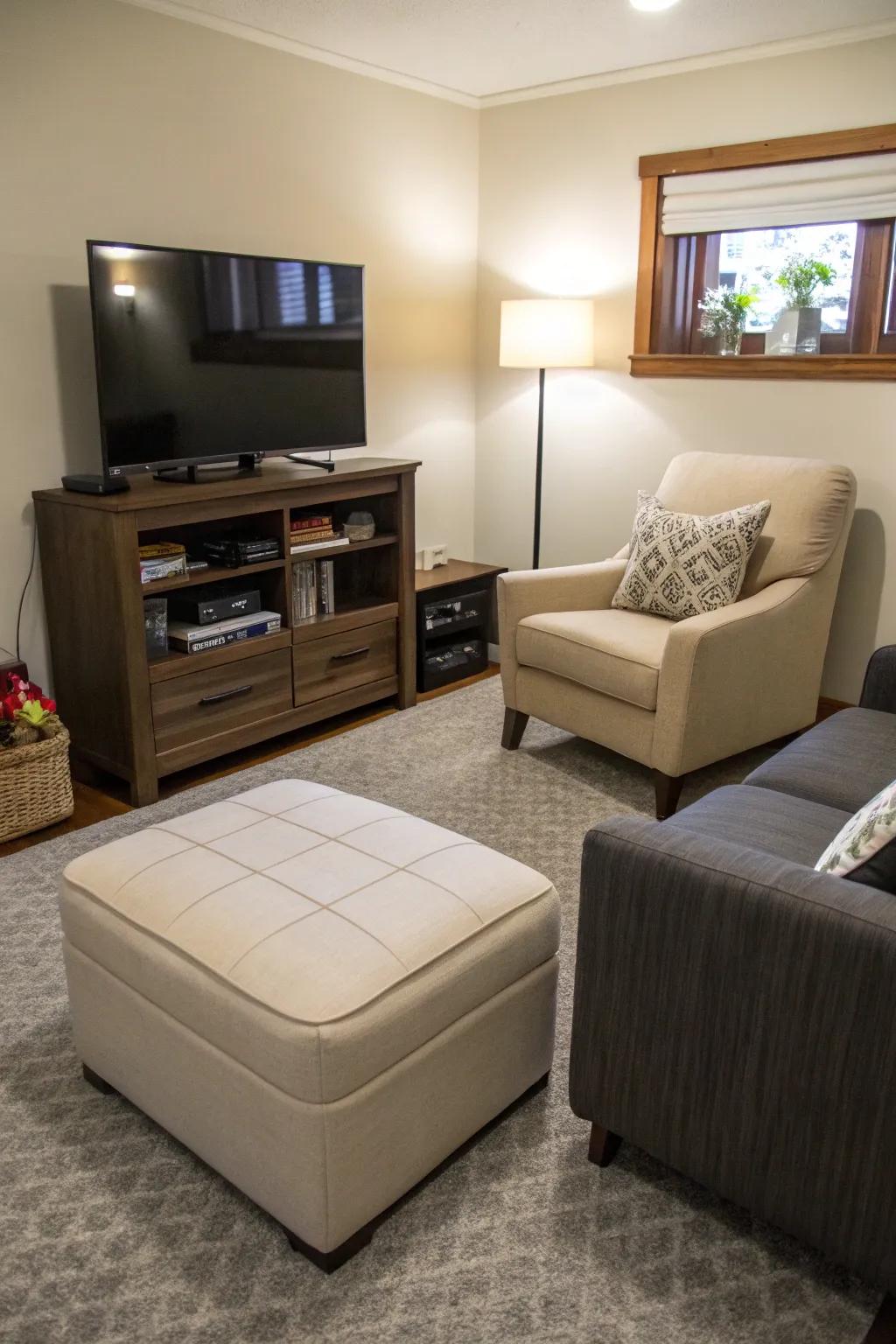 Dual-purpose furniture offers practical solutions for small living spaces.