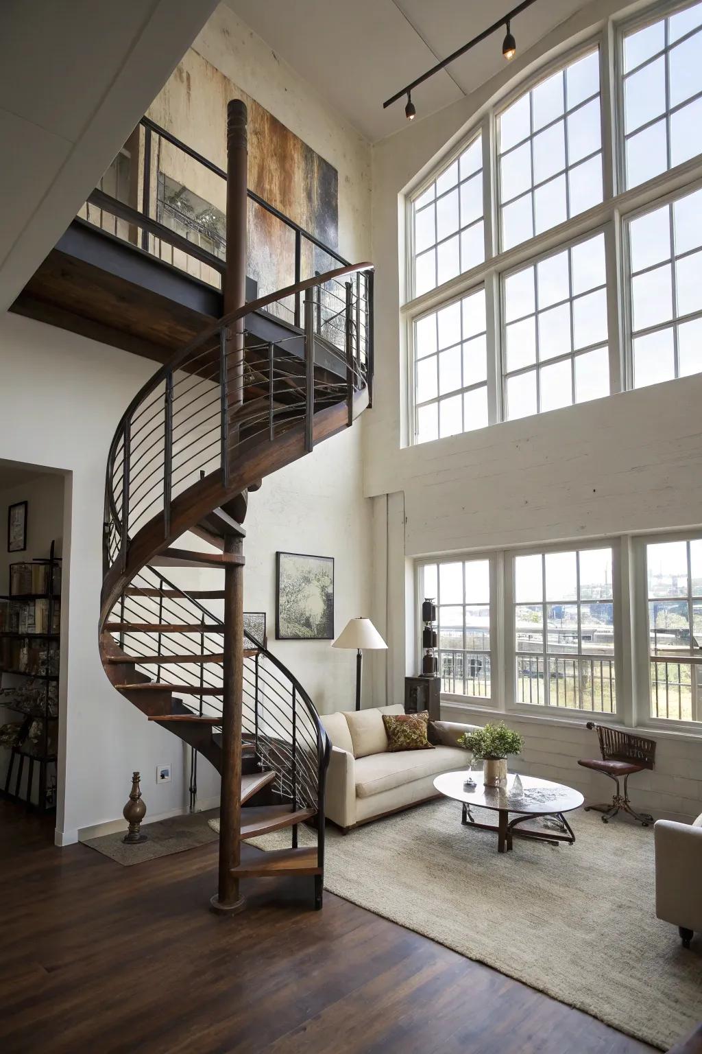 A spiral staircase brings both functionality and flair.