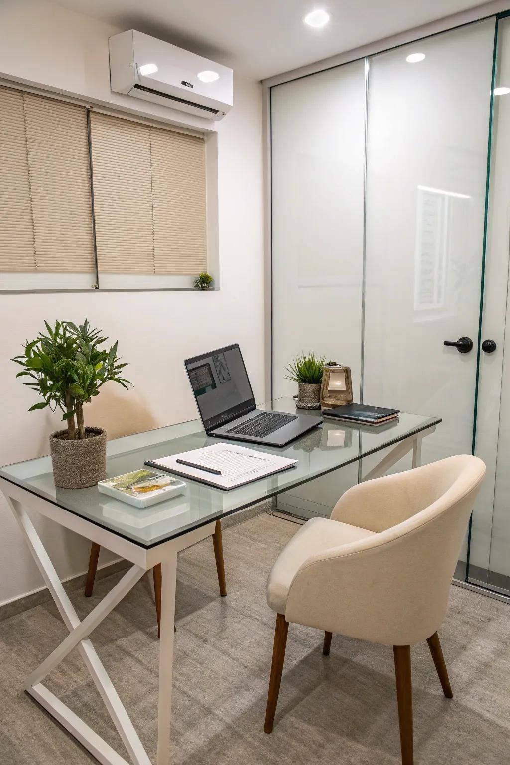 Glass furnishings in a compact office enhance space and light.
