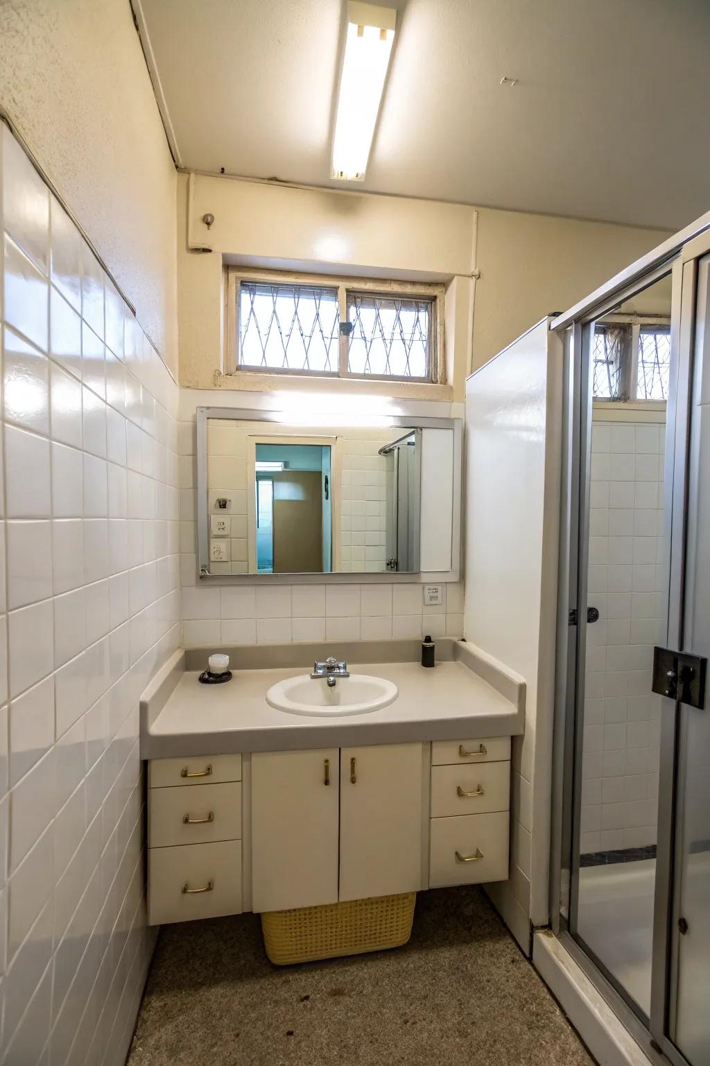 A large mirror makes this small bathroom feel more spacious.