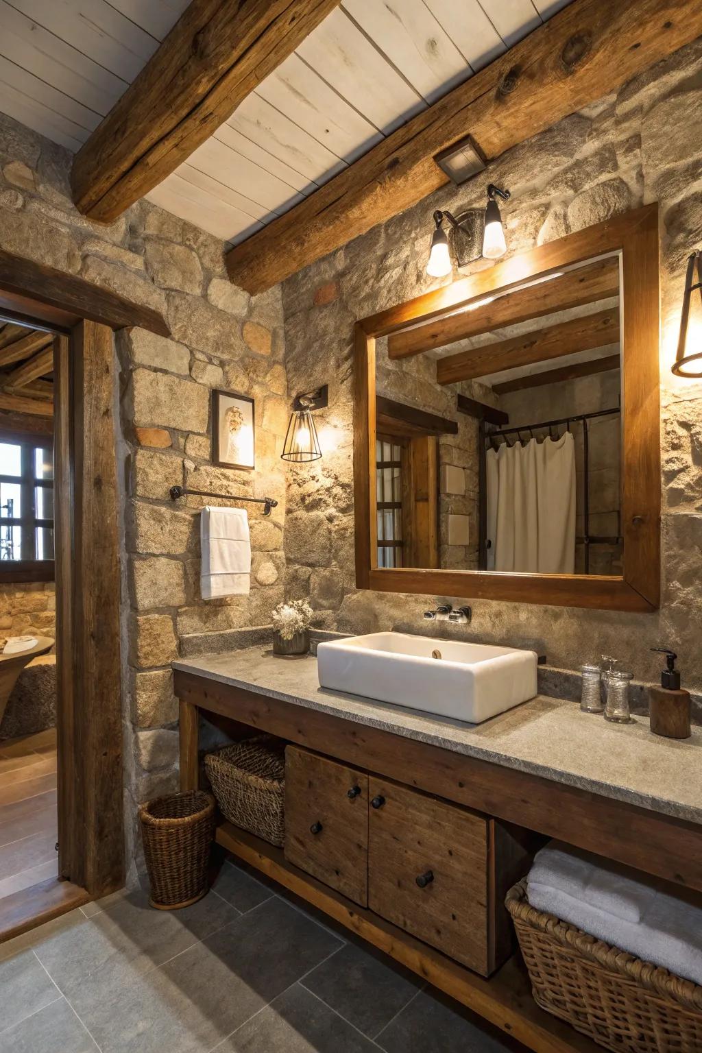 Large mirrors broaden space in a countryside bathroom setting.