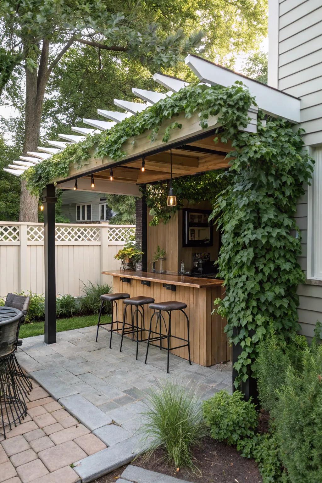 A framework hosting a ready-made bar spawns a vibrant, communal area on a small patio.