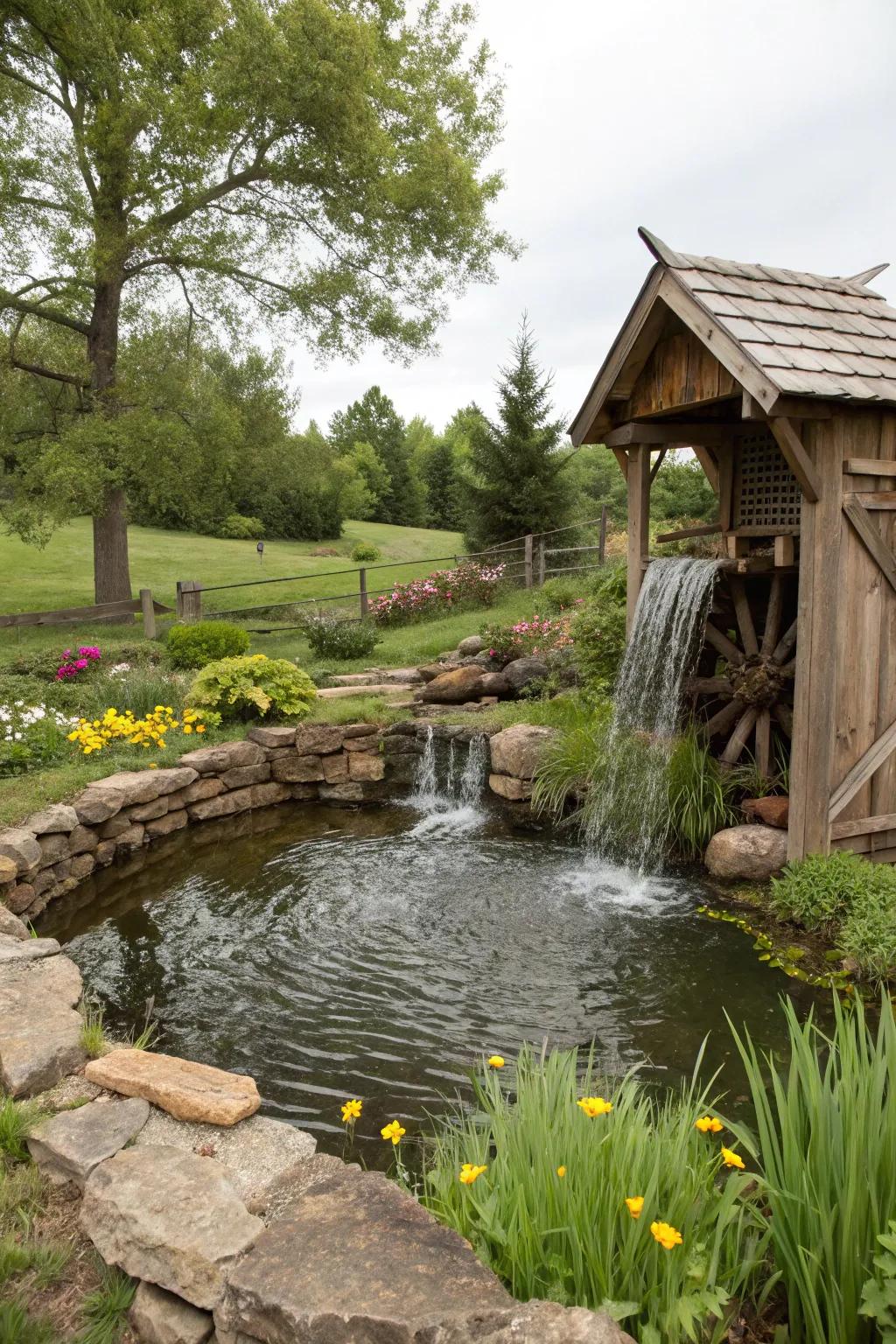 Wooden details contribute countryside appeal to your garden pond.