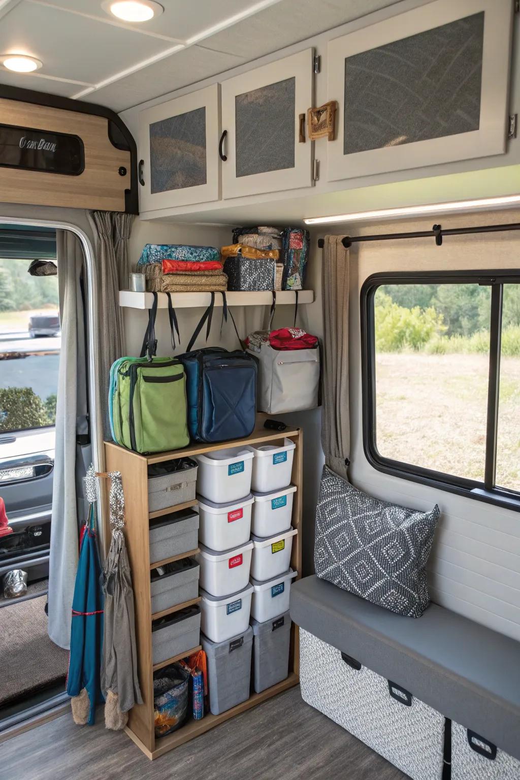 Ingenious storage options help maintain a clutter-free RV environment.