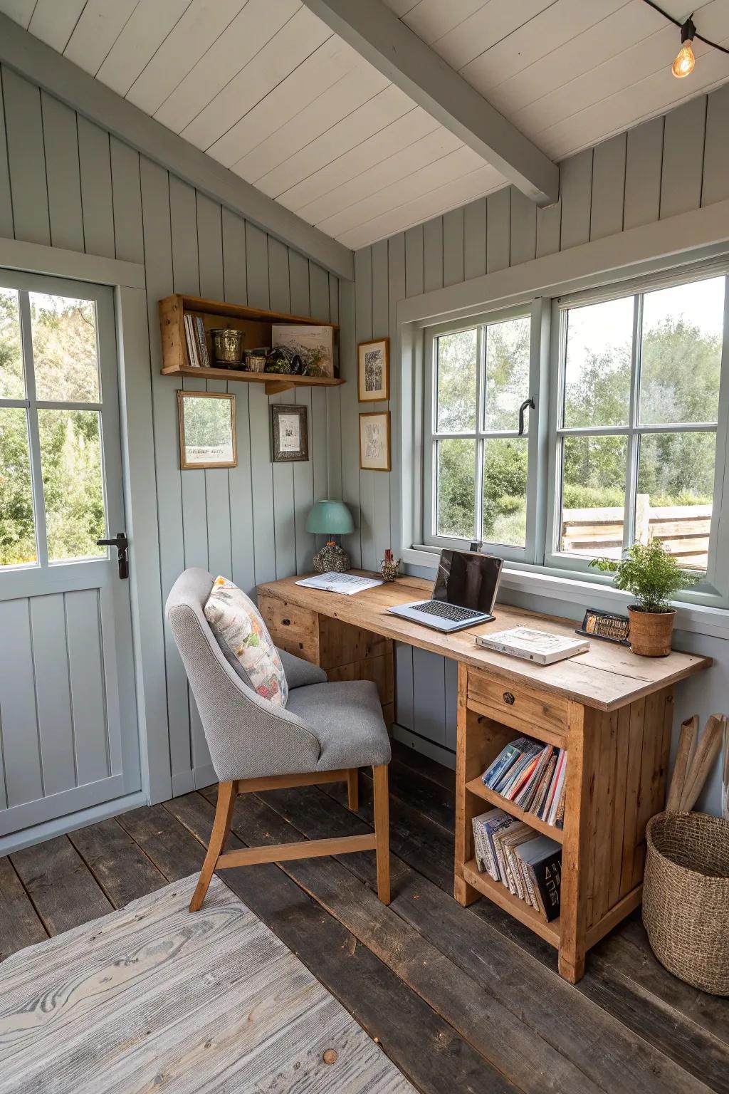 A bright and practical home office within a small shed.