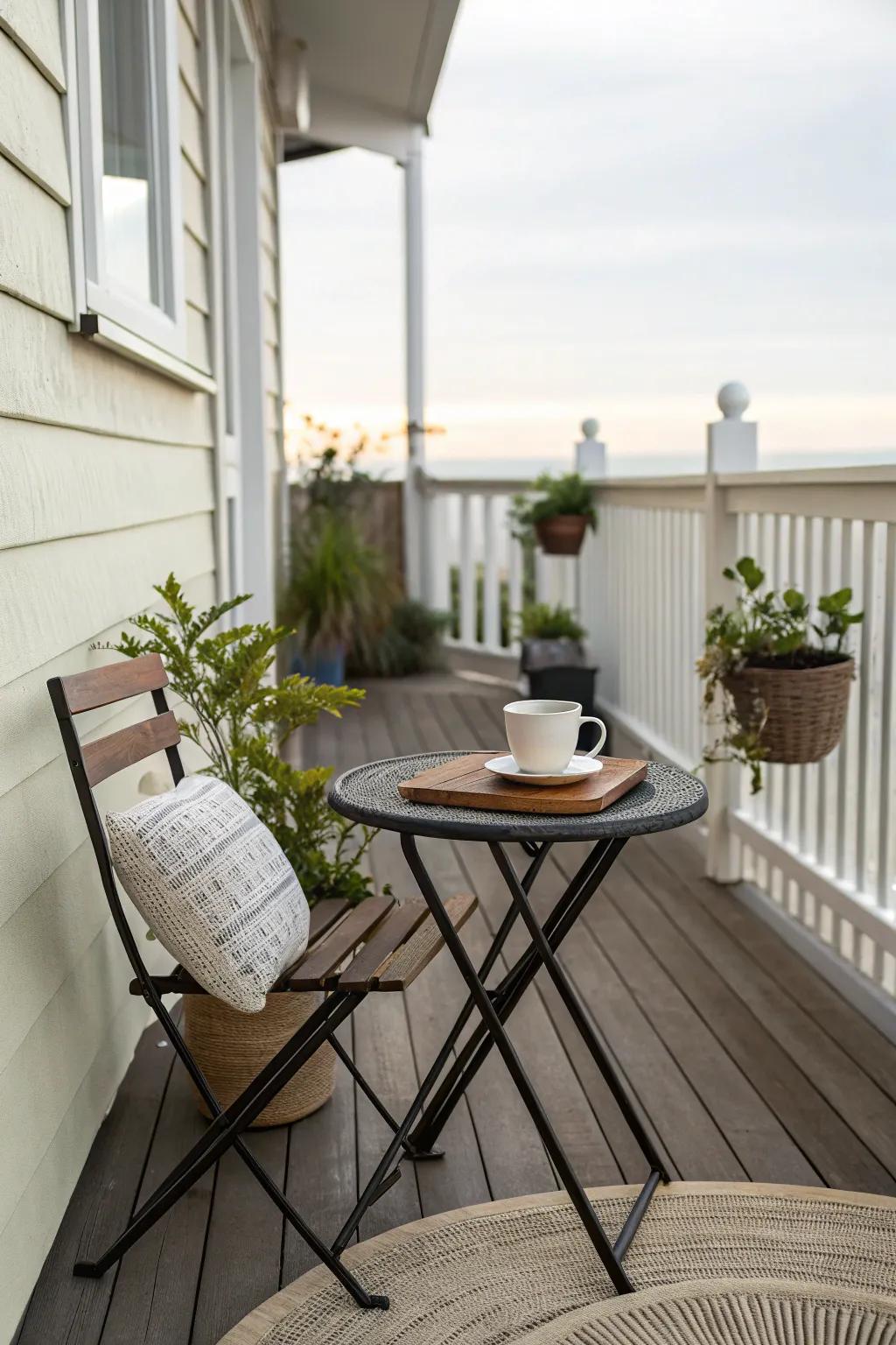 A small round table on a side porch, perfect for relaxation.